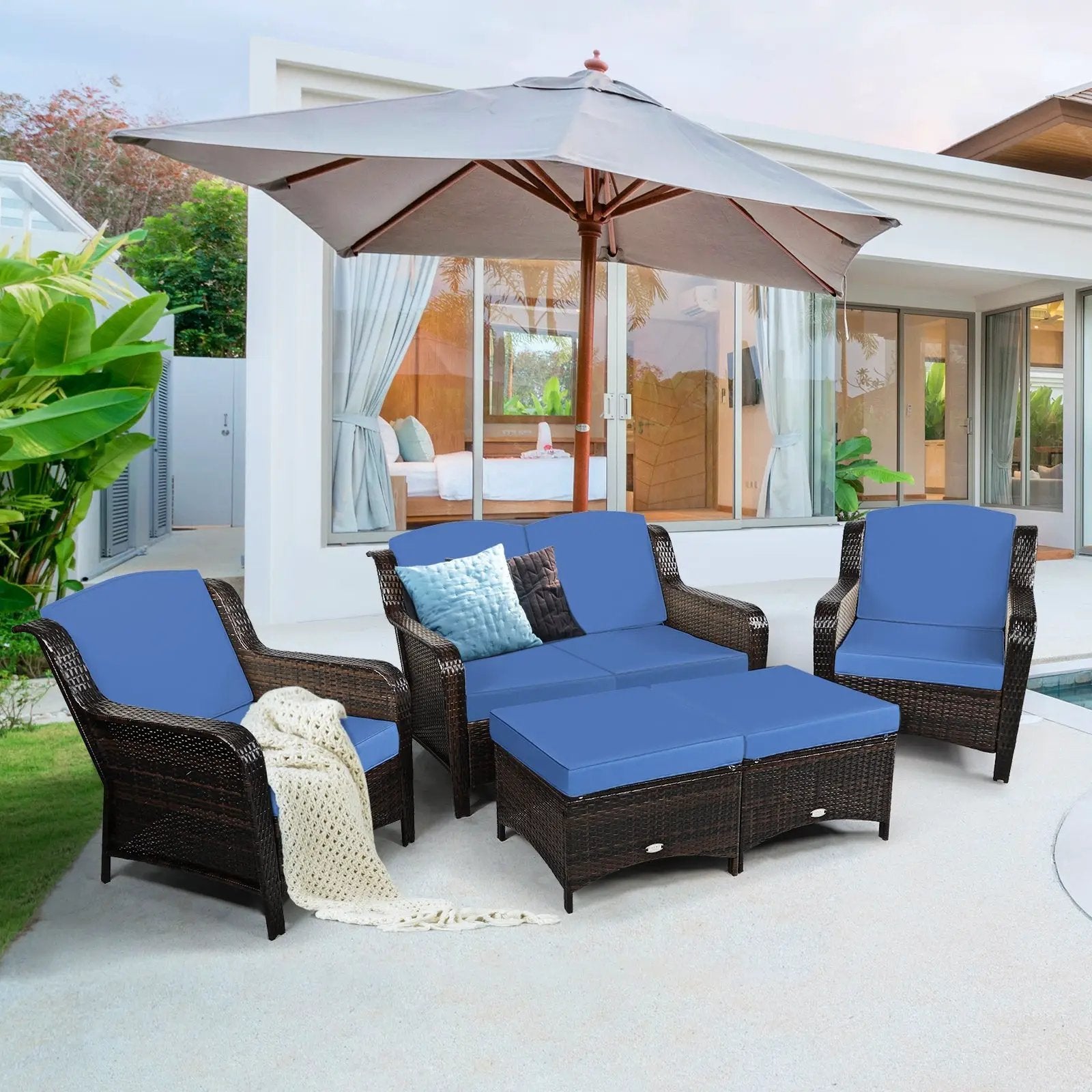 5 Pieces Patio Rattan Sofa Set with Cushion and Ottoman by DirectDeals