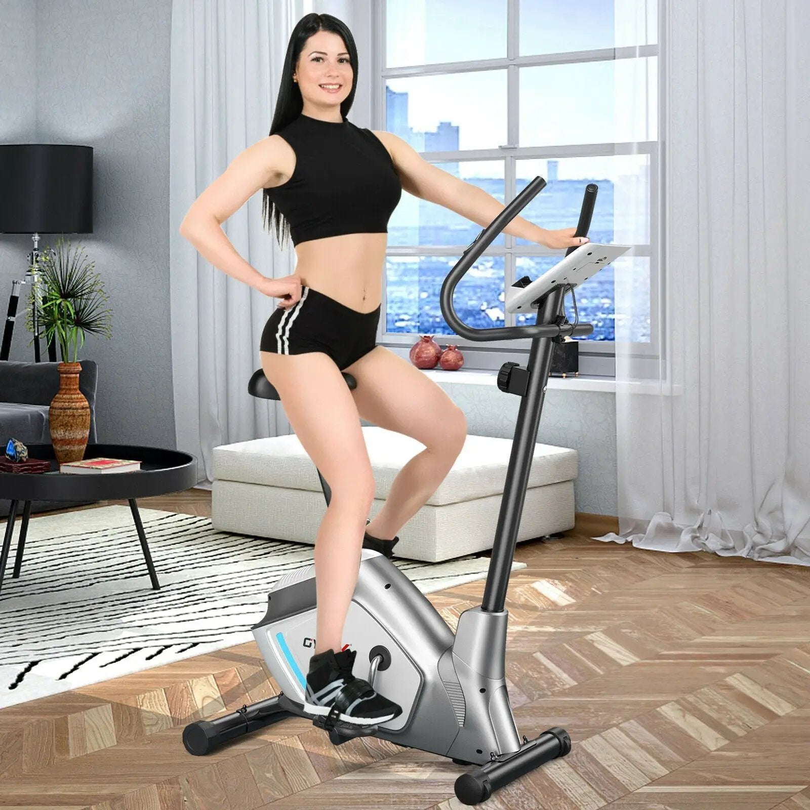 Magnetic Stationary Upright Exercise Bike with LCD Monitor and Pulse Sensor by DirectDeals