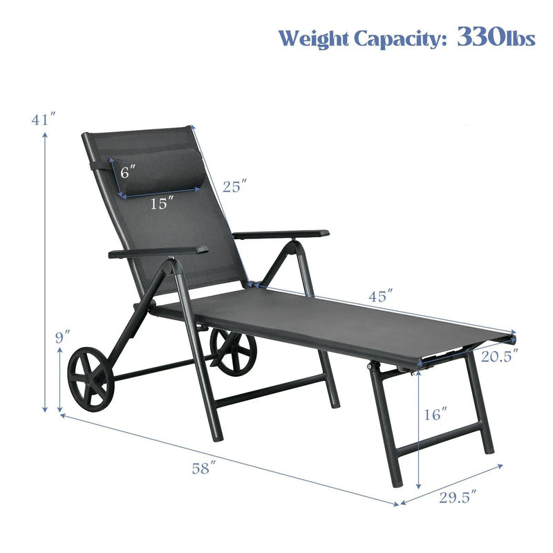 Patio Lounge Chair with Wheels Neck Pillow Aluminum Frame Adjustable-Gray by DirectDeals