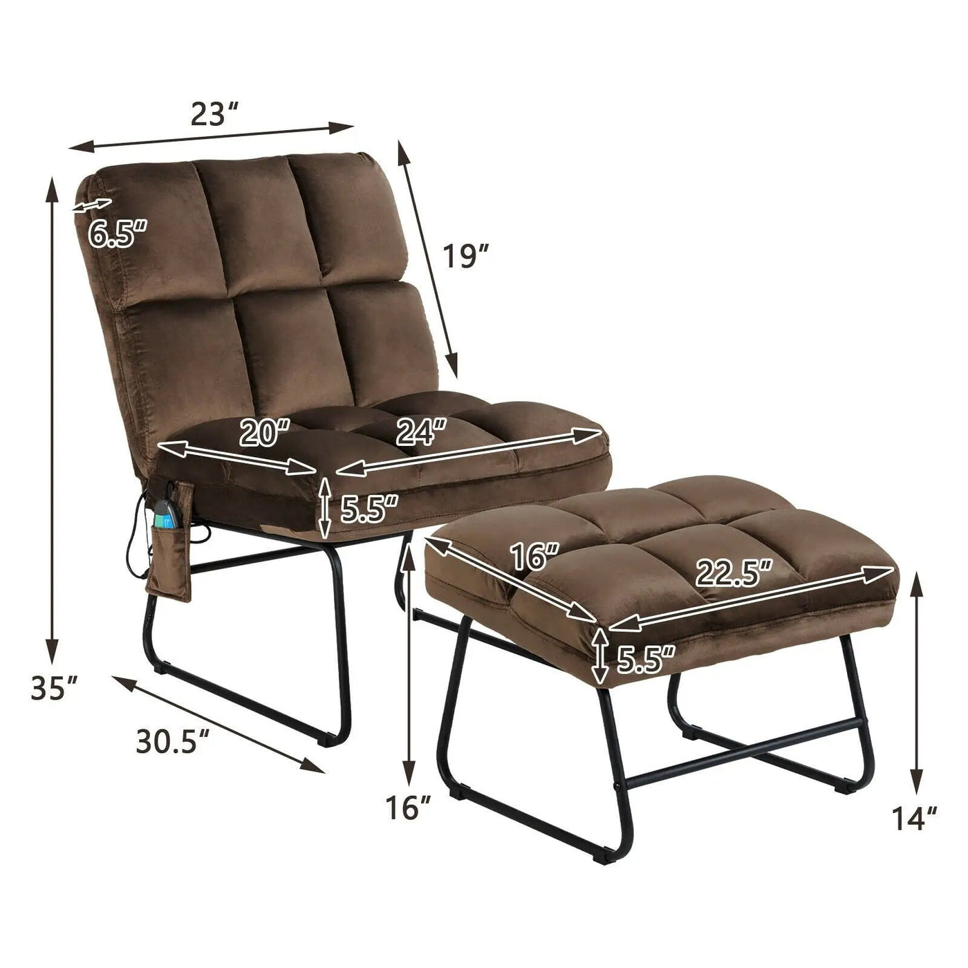 Velvet Massage Recliners with Ottoman Remote Control and Side Pocket by DirectDeals