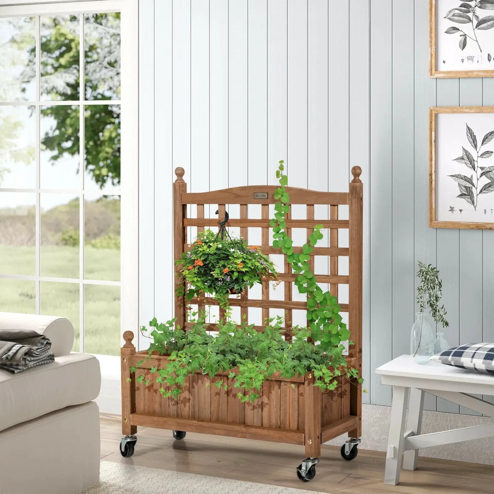 32in Wood Planter Box with Trellis Mobile Raised Bed for Climbing Plant by DirectDeals