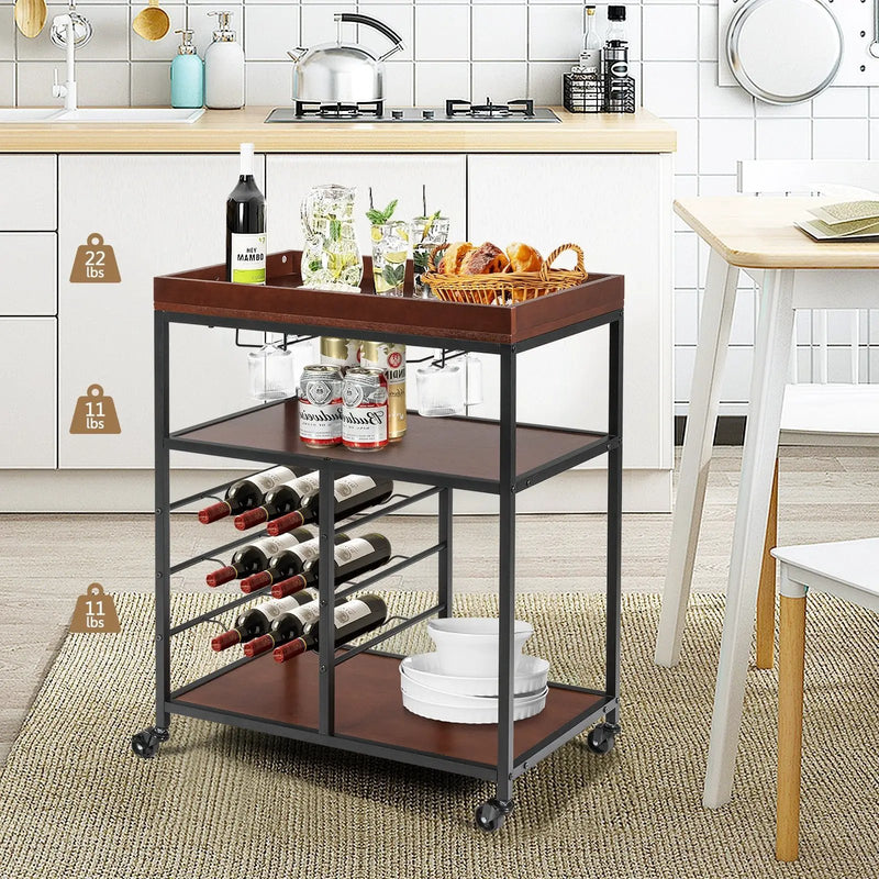 3 Tiers Storage Bar Serving Cart with Wine Rack by DirectDeals