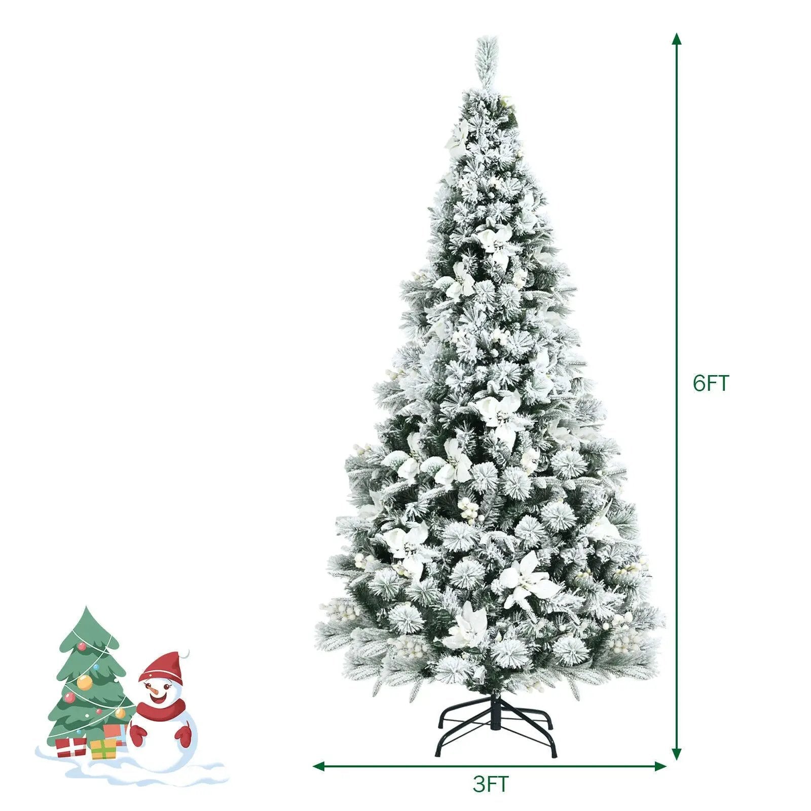 6 Feet Snow Flocked Hinged Christmas Tree with Berries and Poinsettia Flowers by DirectDeals