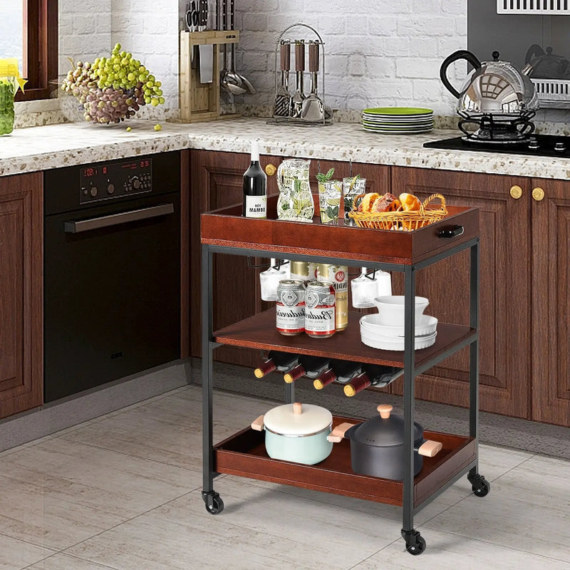 3 Tiers Kitchen Island Serving Bar Cart with Glasses Holder and Wine Bottle Rack by DirectDeals