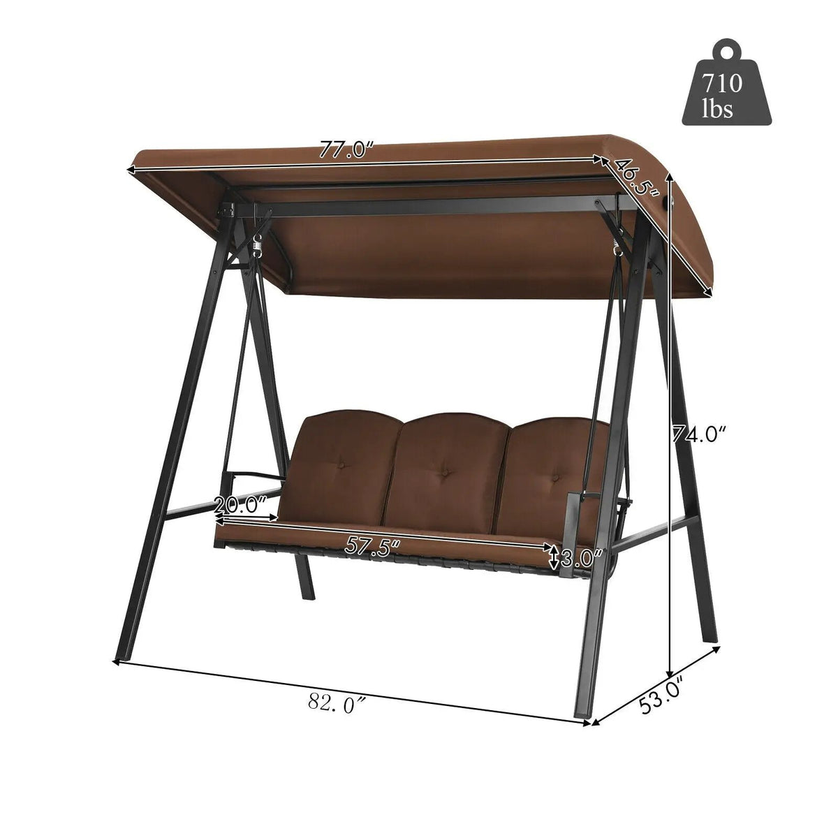 Outdoor 3-Seat Porch Swing with Adjust Canopy and Cushions by DirectDeals