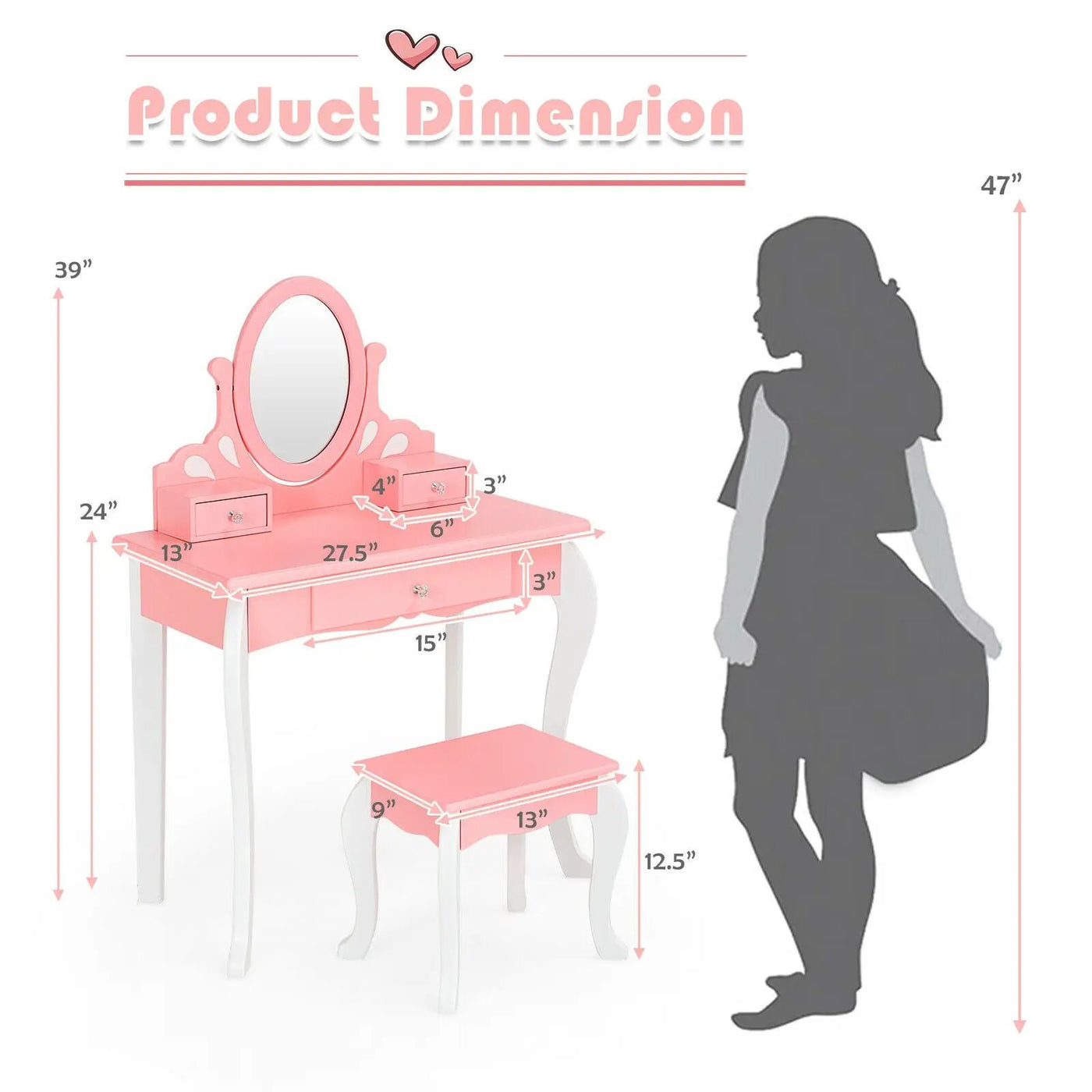 Kids Vanity Princess Makeup Dressing Table Stool Set with Mirror and Drawer by DirectDeals