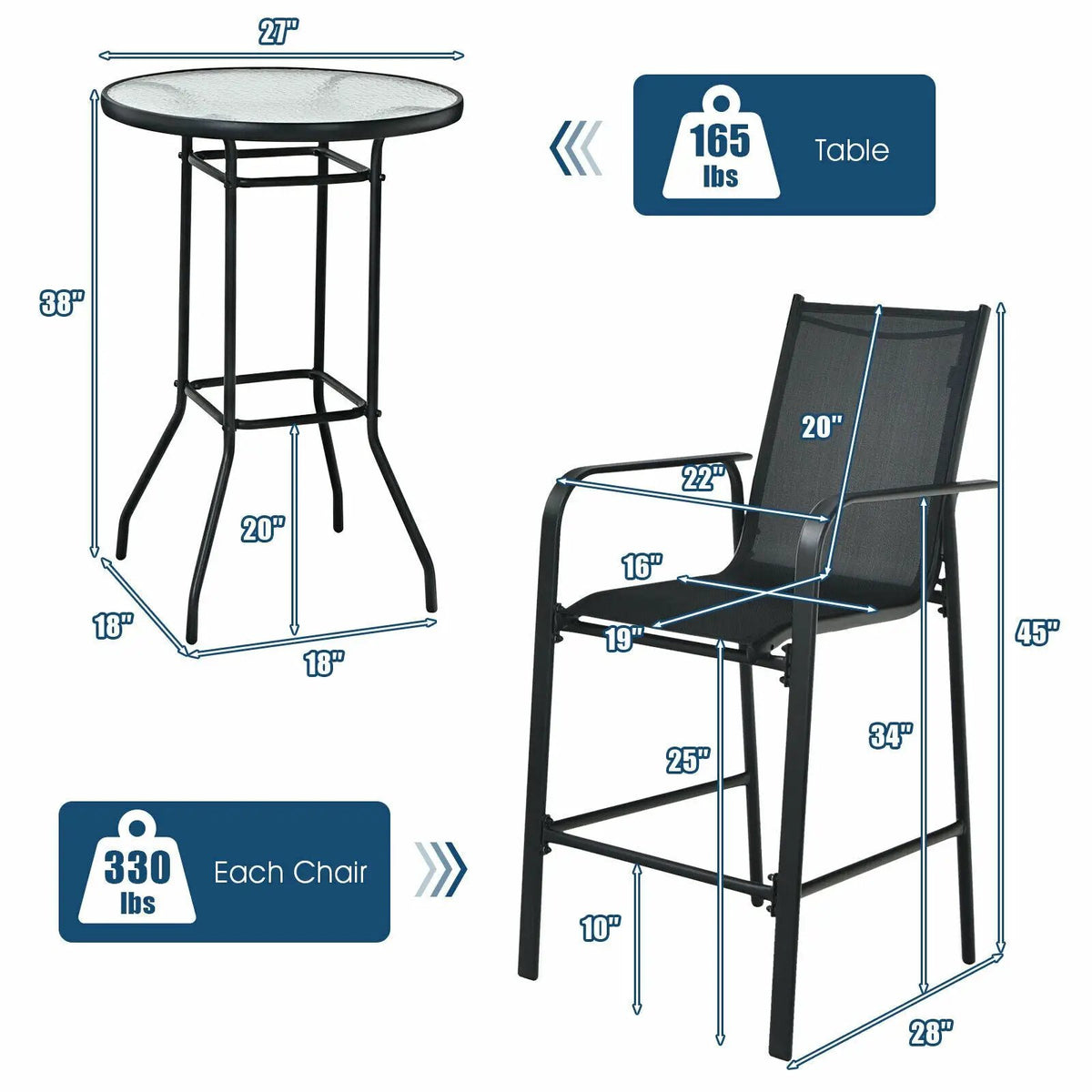 3 Pieces Outdoor Patio Bar Table Stool Set by DirectDeals