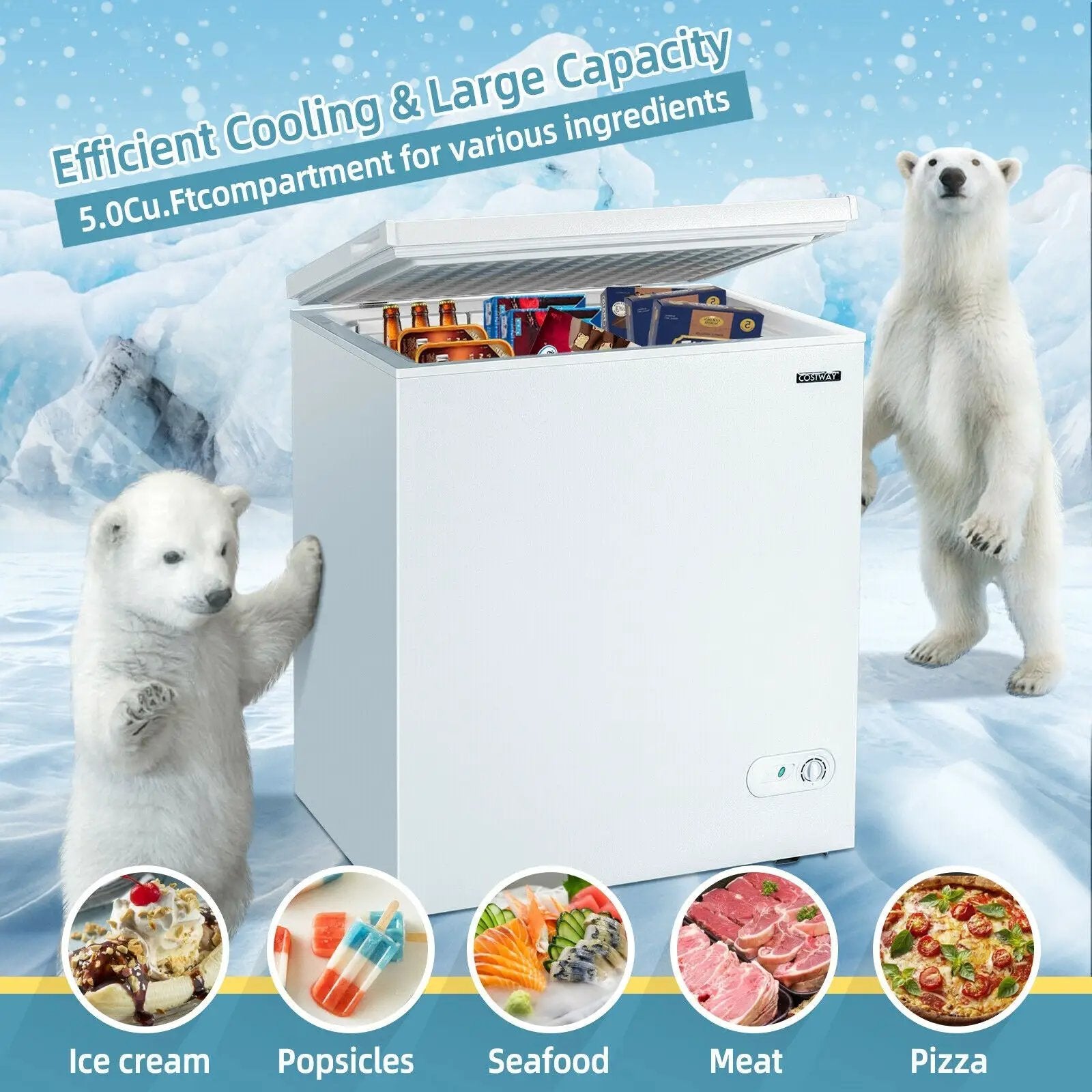 5.2 Cu.ft Chest Freezer Upright Single Door Refrigerator with 3 Baskets-White by DirectDeals