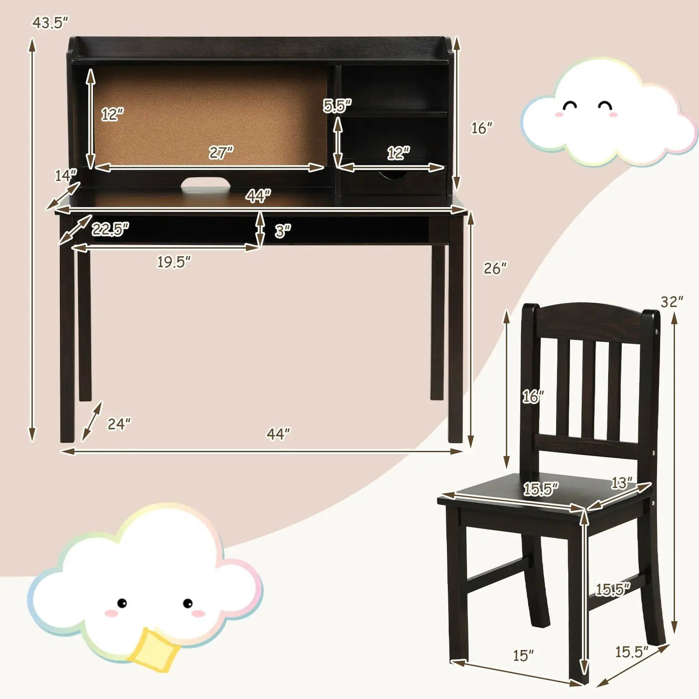 Kids Desk and Chair Set Study Writing Desk with Hutch and Bookshelves by DirectDeals