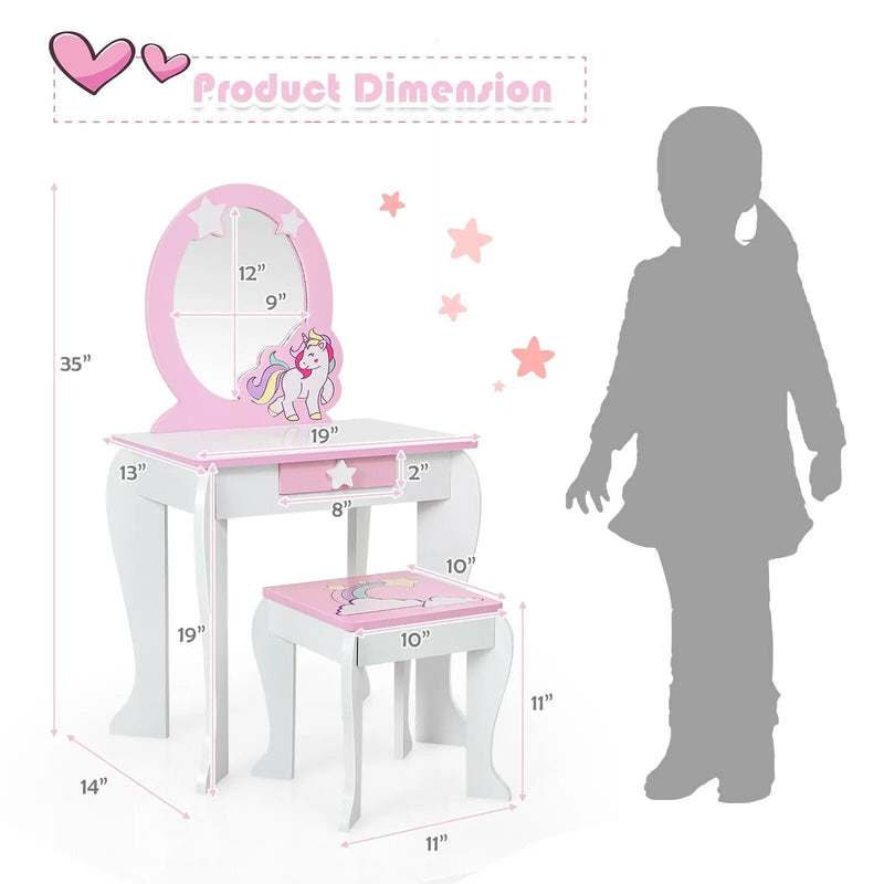 Kids Wooden Makeup Dressing Table and Chair Set with Mirror and Drawer by DirectDeals