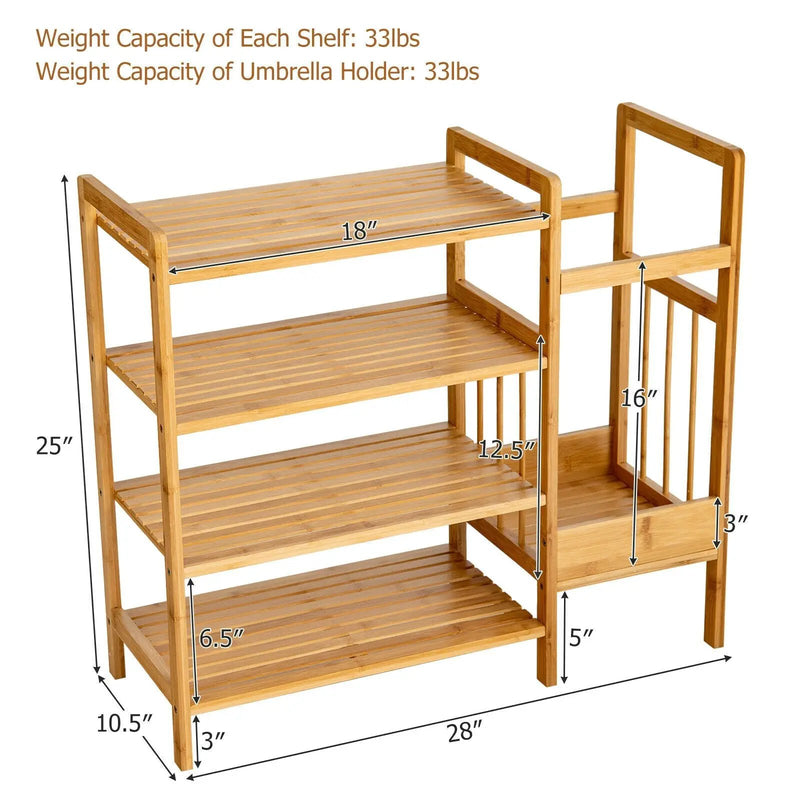 4-Tier Bamboo Shoe Rack Organiser with Umbrella Holder-Natural by DirectDeals