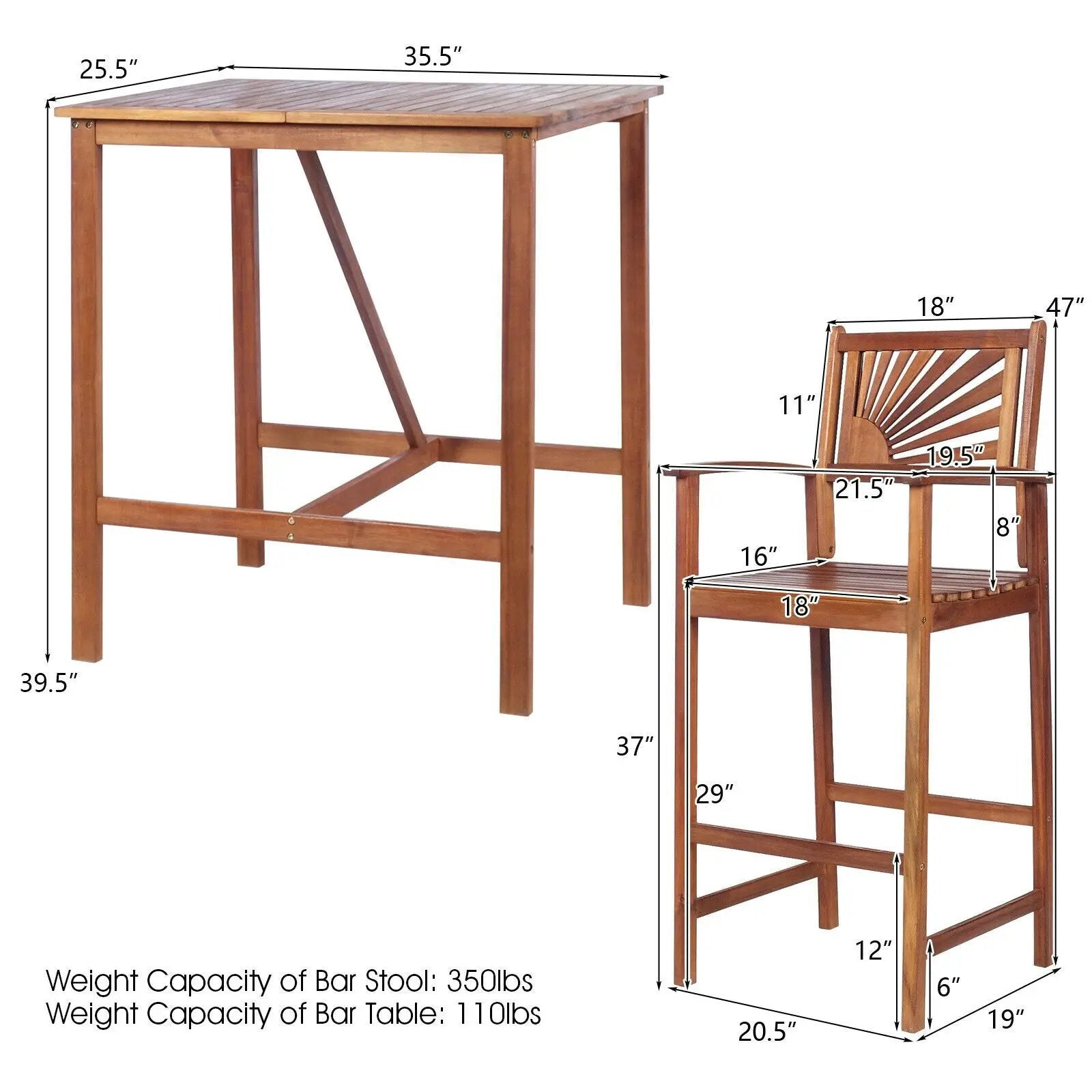 3 Pieces Acacia Wood Patio Bar Set with Sunflower Patterned Backrest by DirectDeals