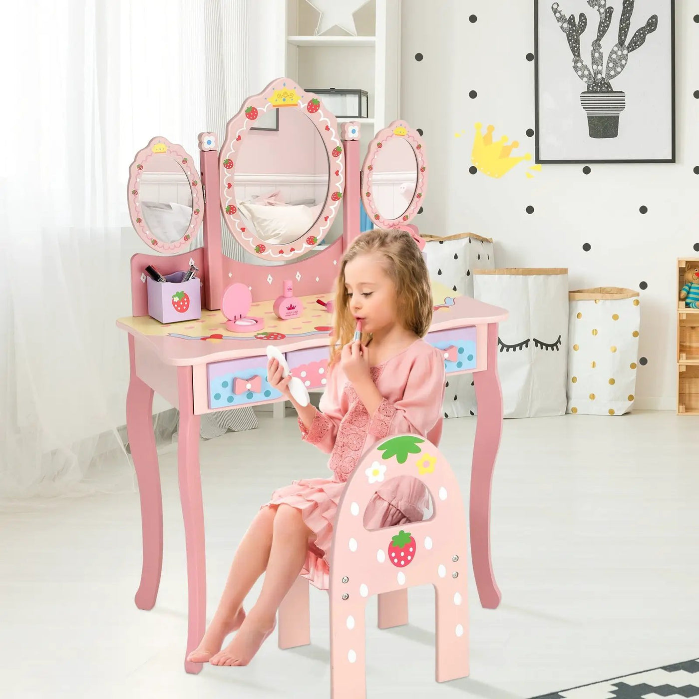 Kids Vanity Princess Makeup Dressing Table Chair Set with Tri-fold Mirror by DirectDeals