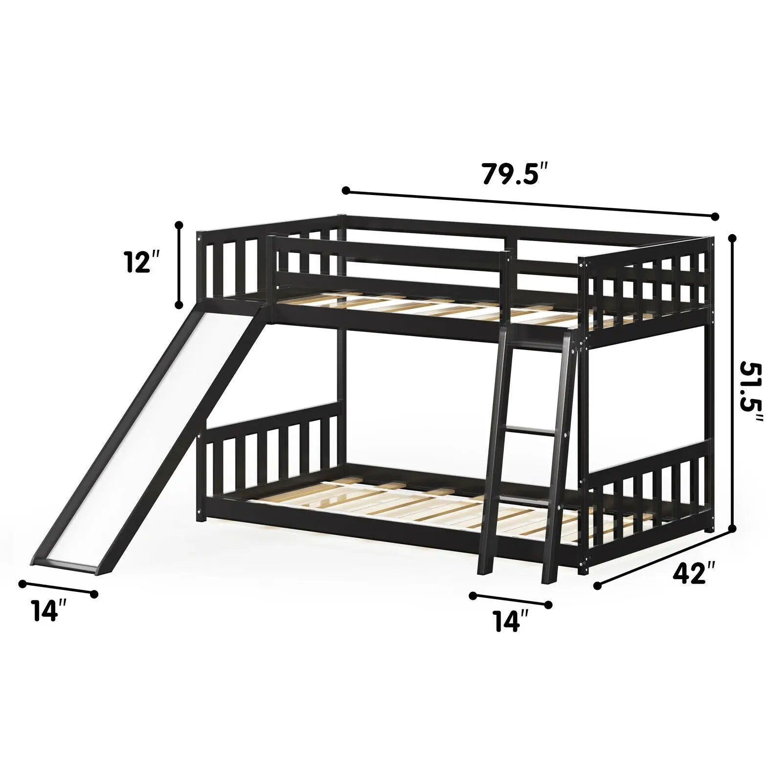 Twin over Twin Bunk Wooden Low Bed with Slide Ladder for Kids by DirectDeals