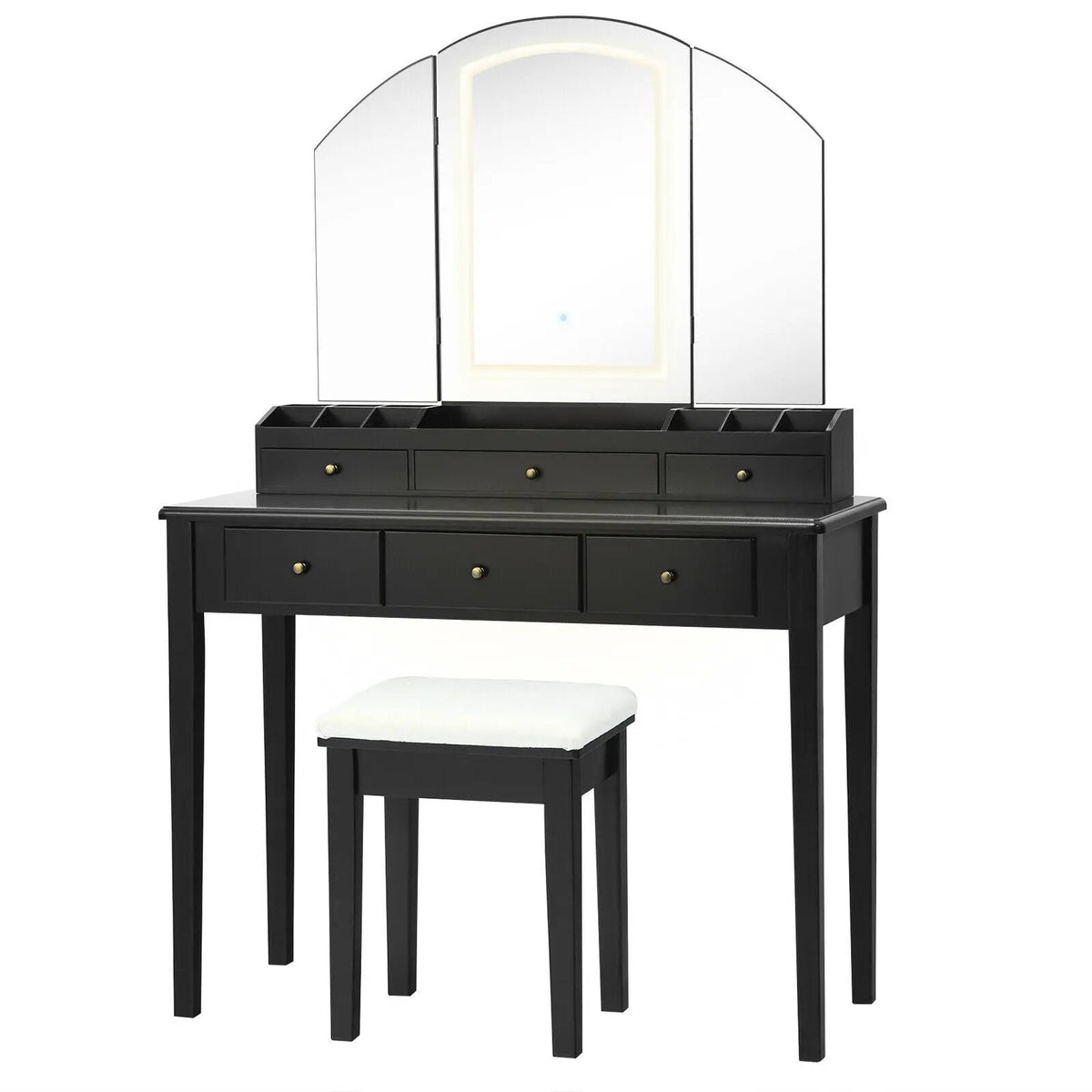 Vanity Table Stool Set with Large Tri-folding Lighted Mirror by DirectDeals