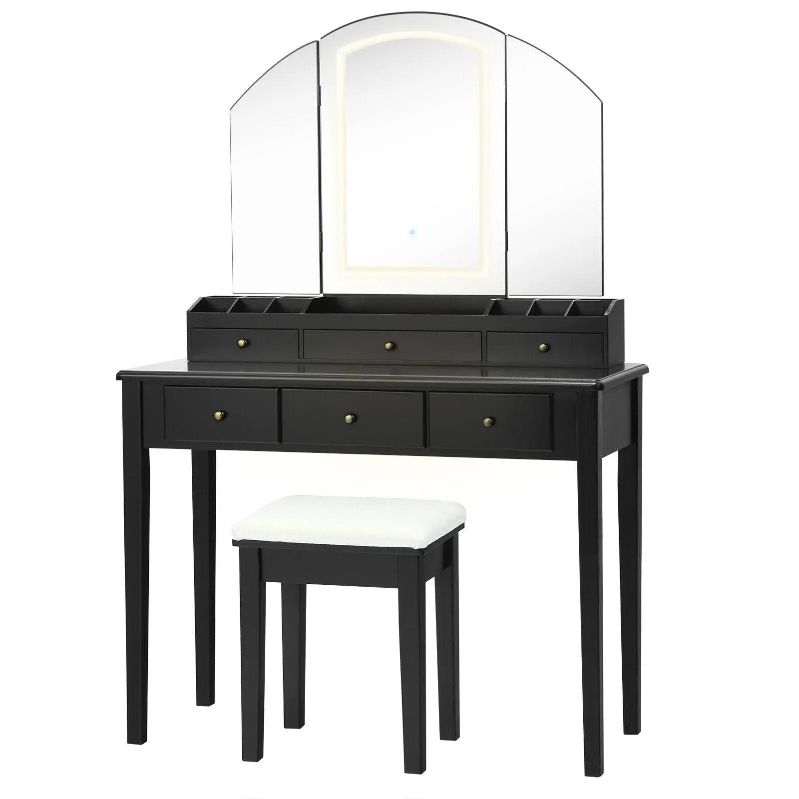 Vanity Table Stool Set with Large Tri-folding Lighted Mirror by DirectDeals