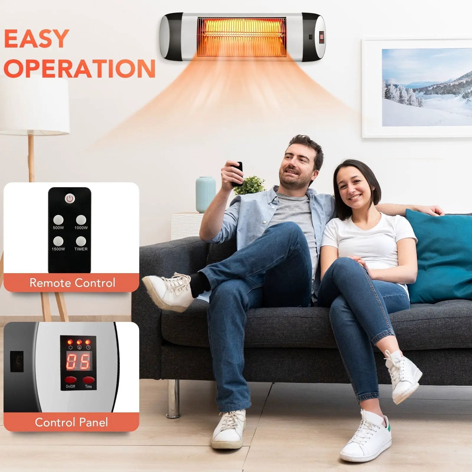 1500W Wall-Mounted Electric Heater Patio Infrared Heater with Remote Control by DirectDeals