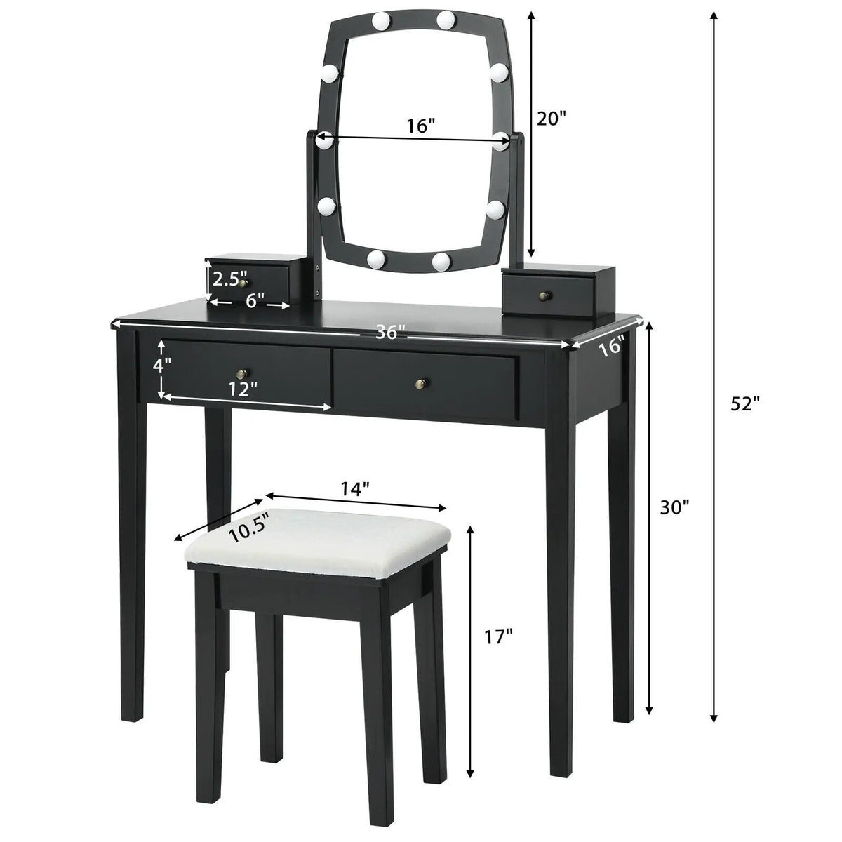 Vanity Table Set with Lighted Mirror for Bedroom and Dressing Room by DirectDeals