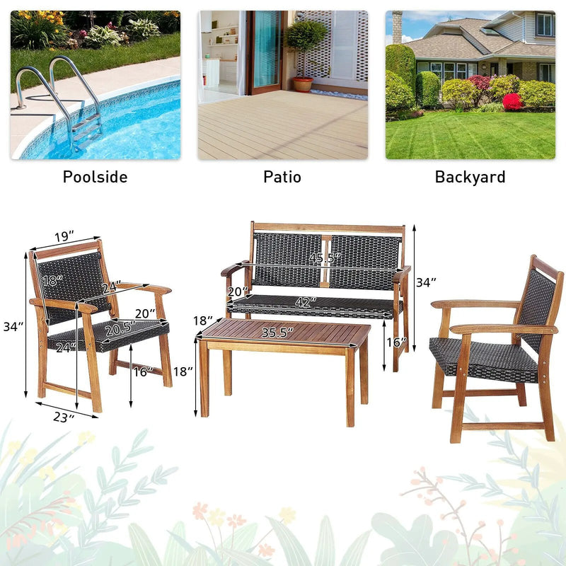 4 Pieces Outdoor Patio Rattan Furniture Sofa Set with Acacia Wood Frame by DirectDeals