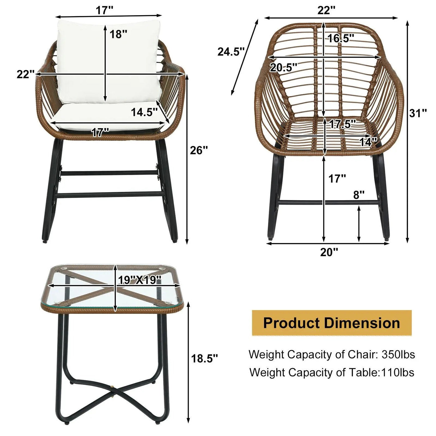 3 Pieces Patio Rattan Bistro Set Cushioned Chair Glass Table Deck by DirectDeals