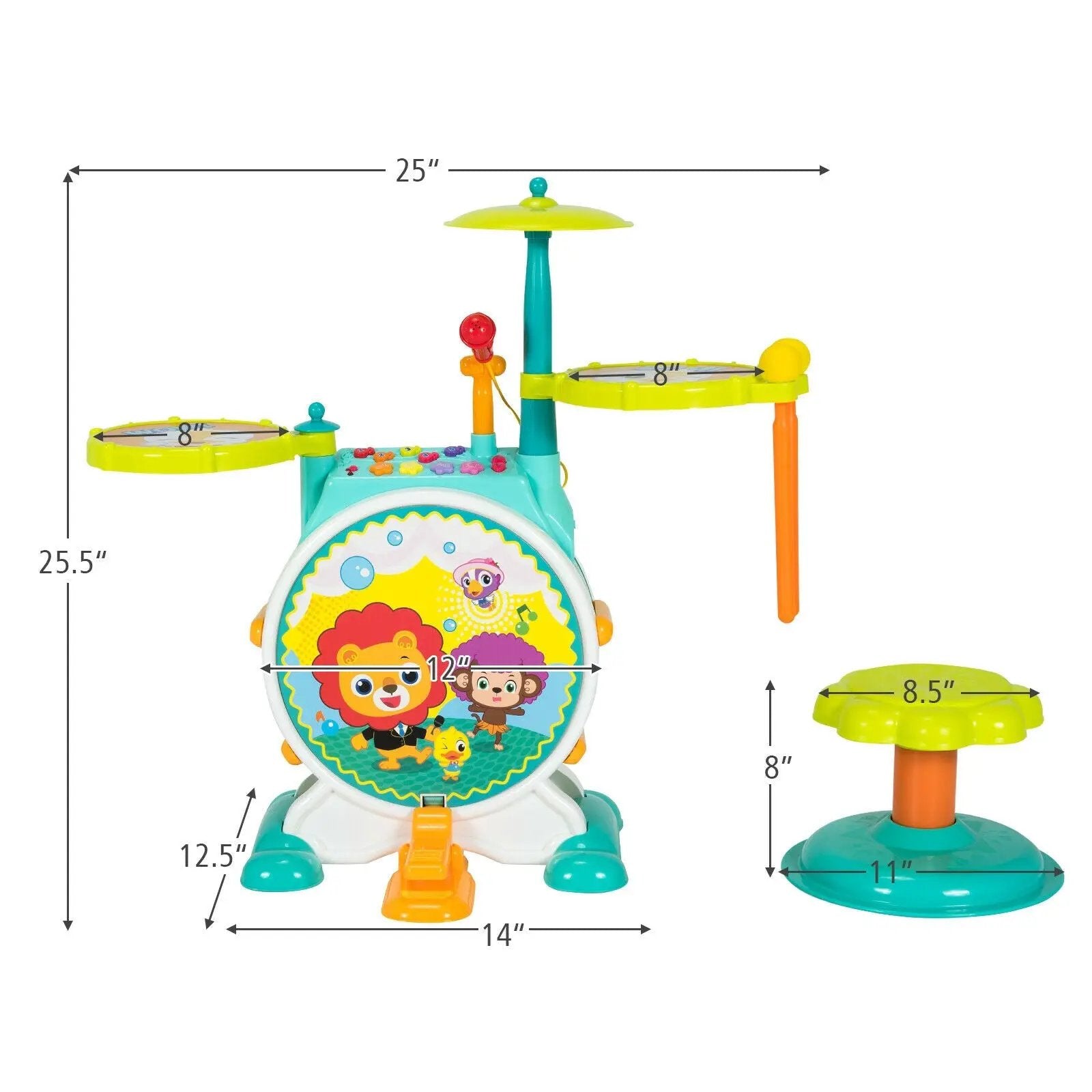 3 Pieces Electric Kids Drum Set with Microphone Stool Pedal by DirectDeals