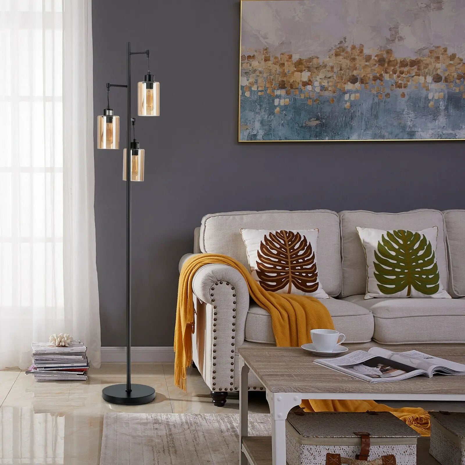 Retro Floor Lamp with 3-Head Hanging Amber Glass Shade by DirectDeals