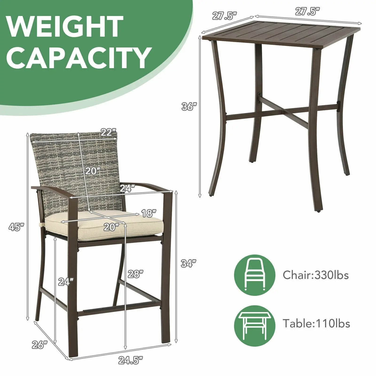 3 Pieces Rattan Bar Furniture Set with Slat Table and 2 Cushioned Stools by DirectDeals