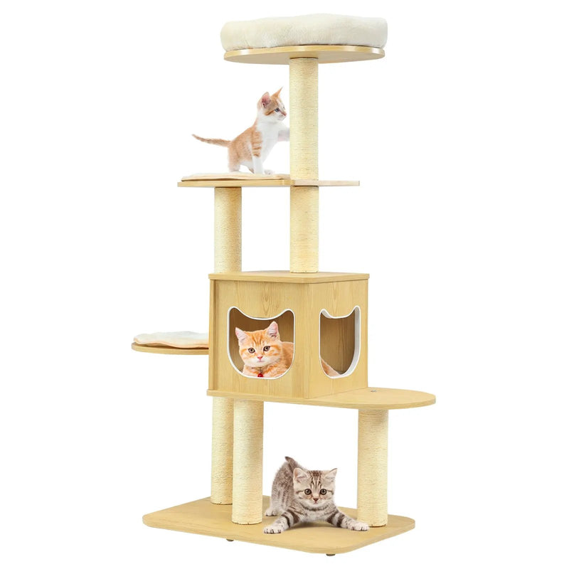 4 Levels Modern Wood Cat Tower with Washable Mats-Walnut by DirectDeals