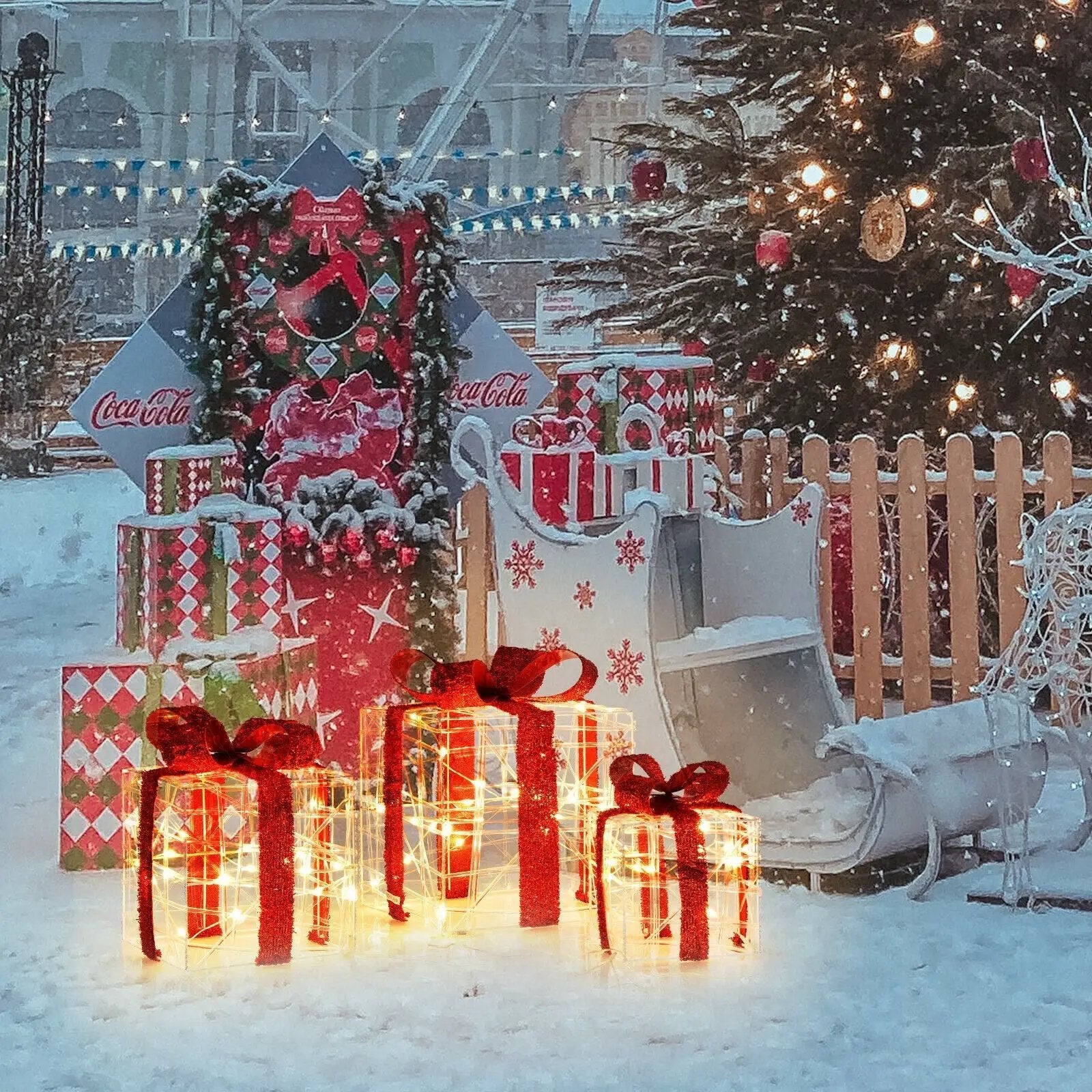 3 Pieces Christmas Lighted Gift Boxes Decorations with 60 LED Lights for Indoor and Outdoor by DirectDeals
