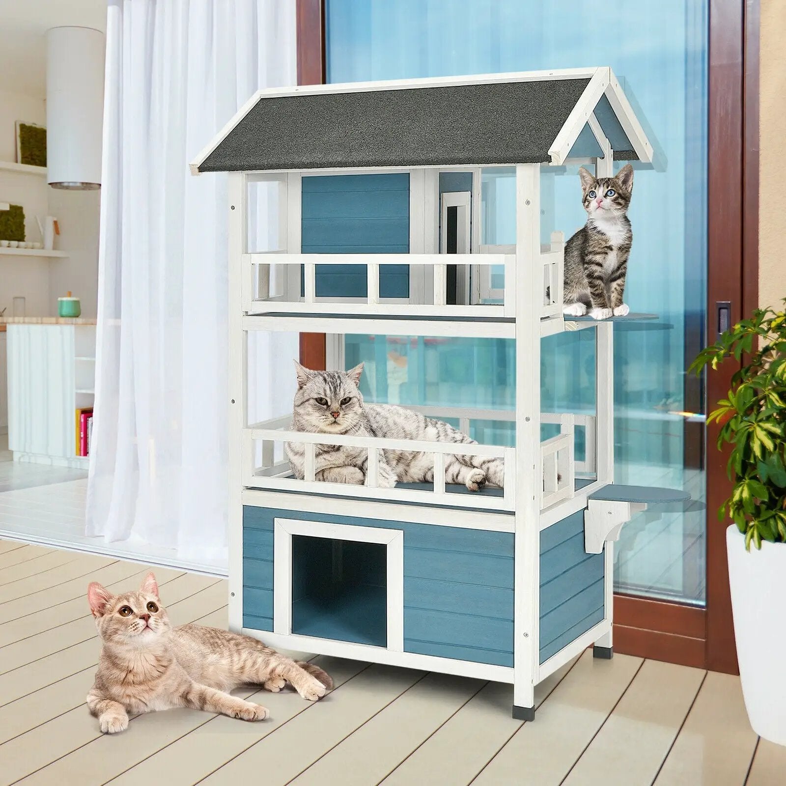 2-Story Outdoor Wooden Catio Cat House Shelter with Enclosure by DirectDeals