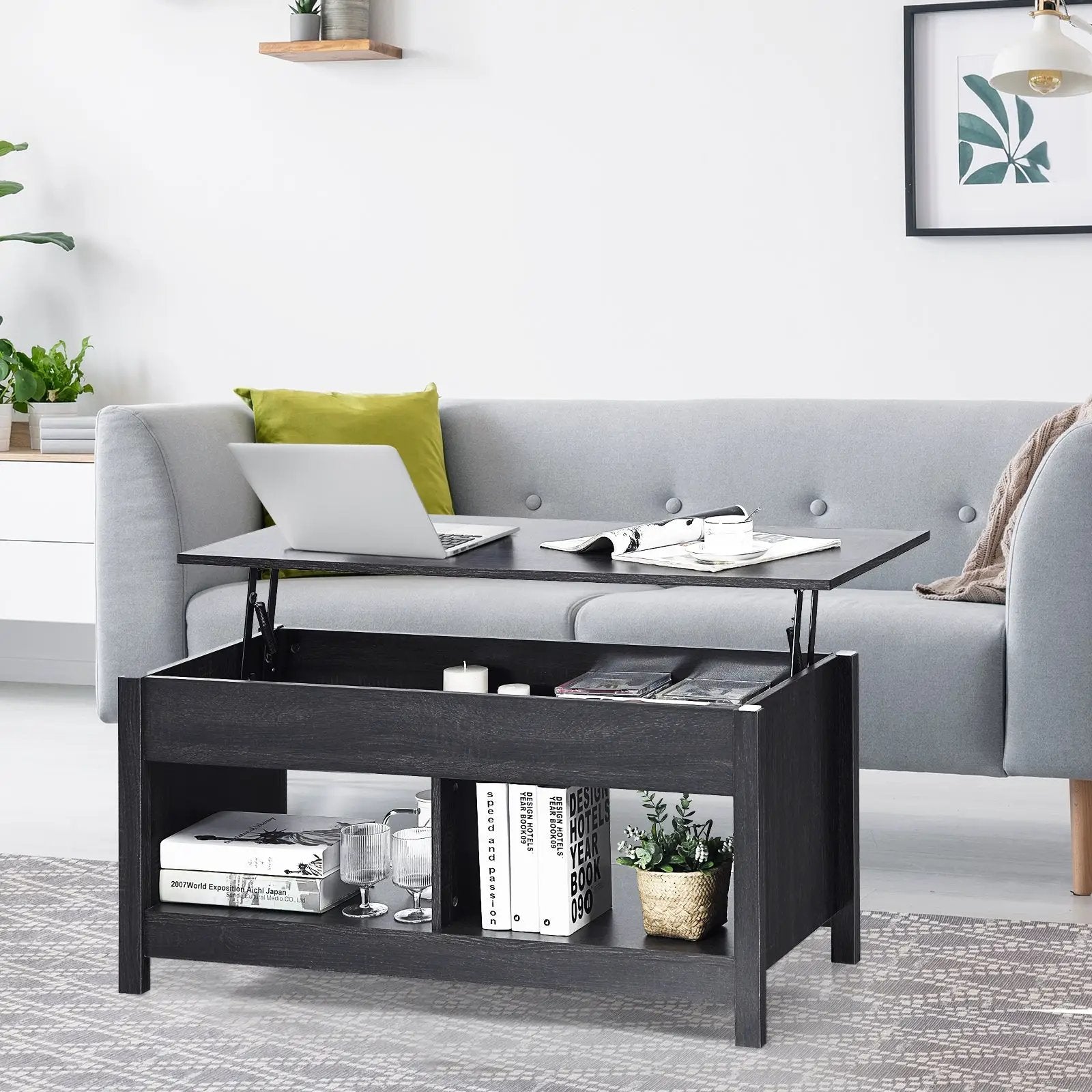Lift Top Coffee Table with Hidden Storage Compartment and Lower Shelf for Study Room by DirectDeals