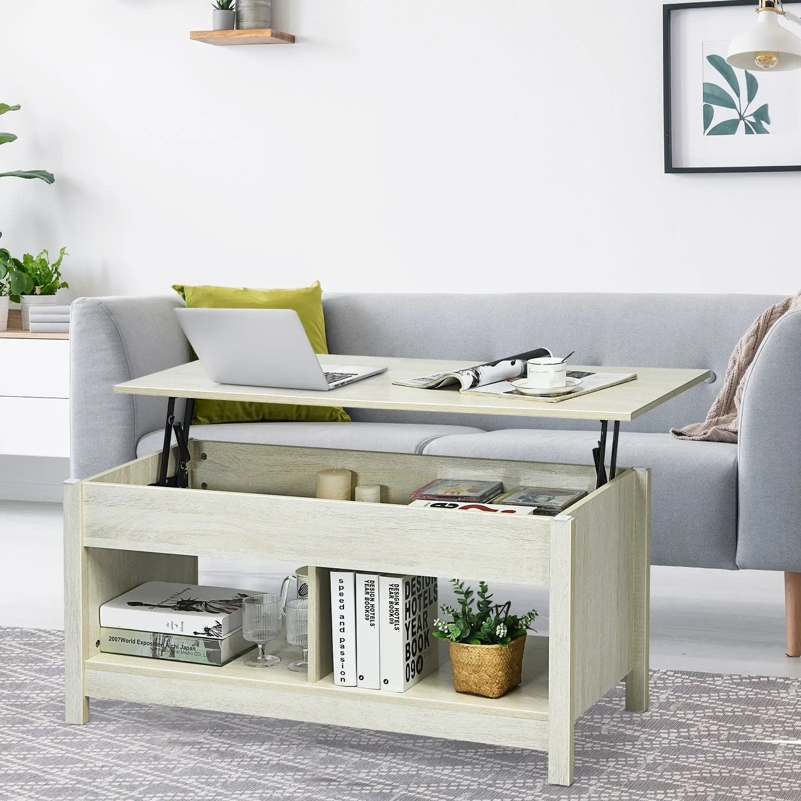 Lift Top Coffee Table with Hidden Storage Compartment and Lower Shelf for Study Room by DirectDeals