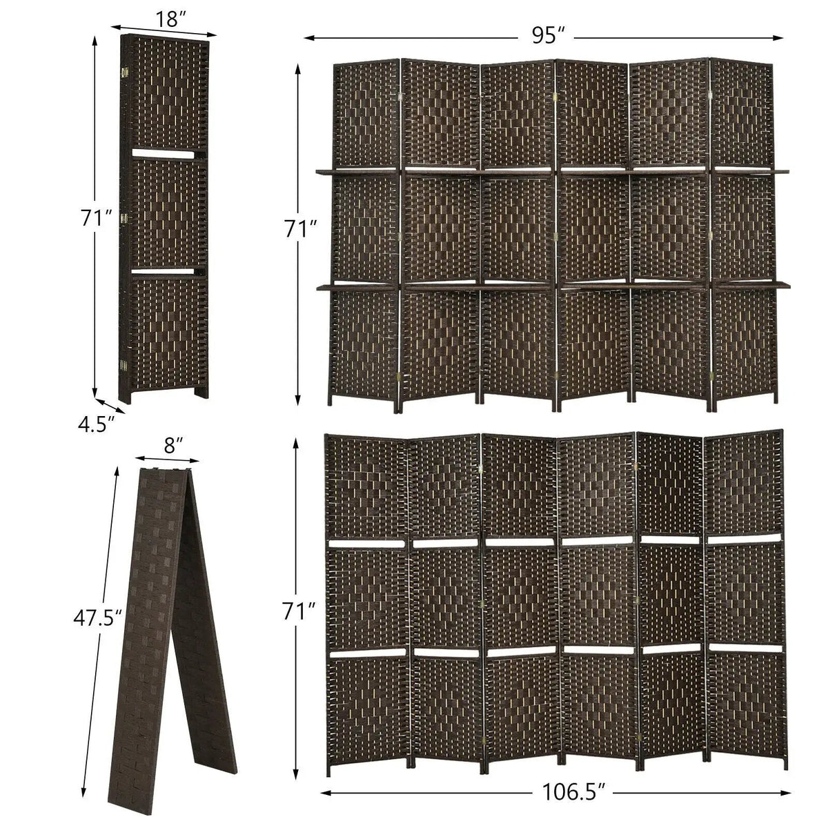 6 Panel Folding Weave Fiber Room Divider with 2 Display Shelves by DirectDeals