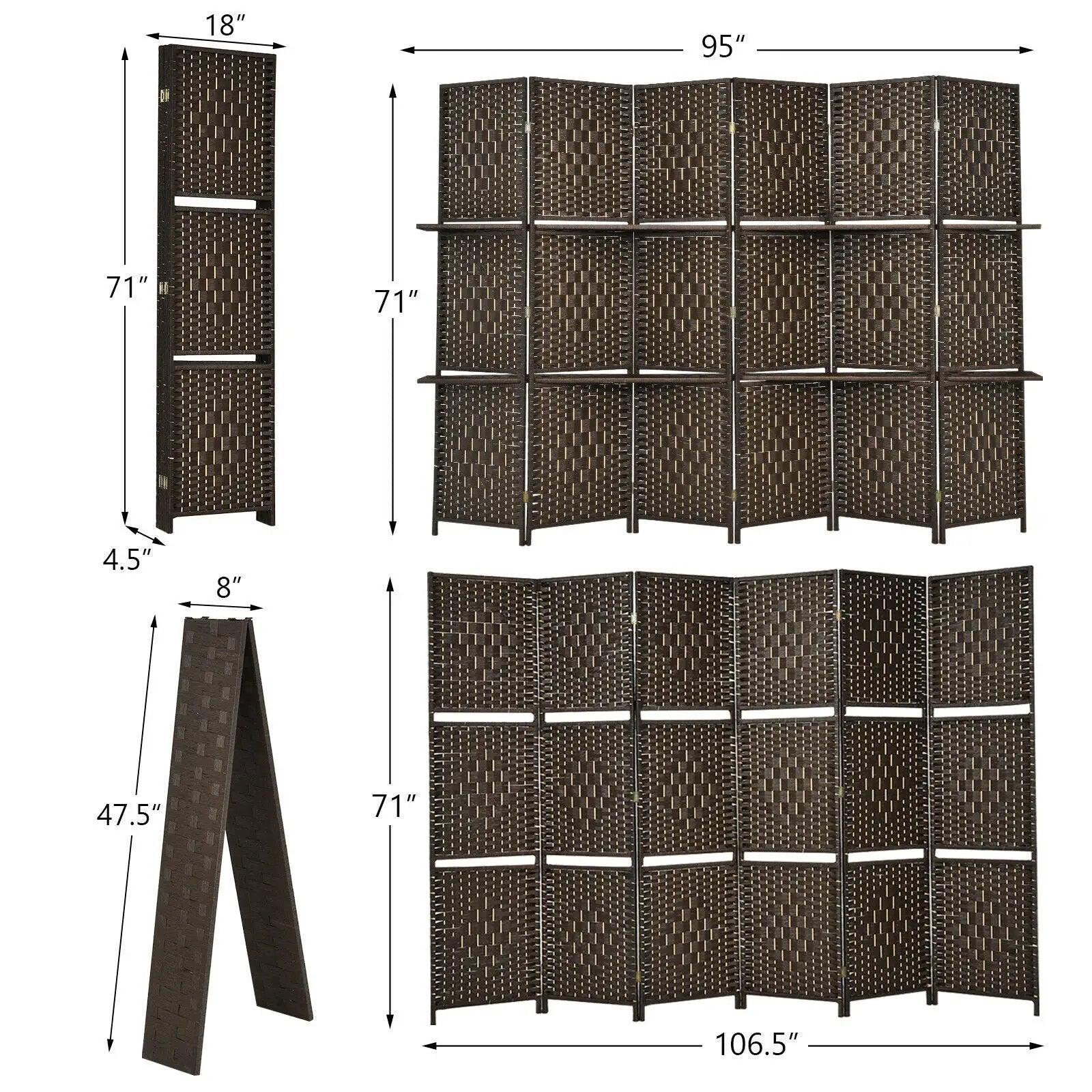 6 Panel Folding Weave Fiber Room Divider with 2 Display Shelves by DirectDeals