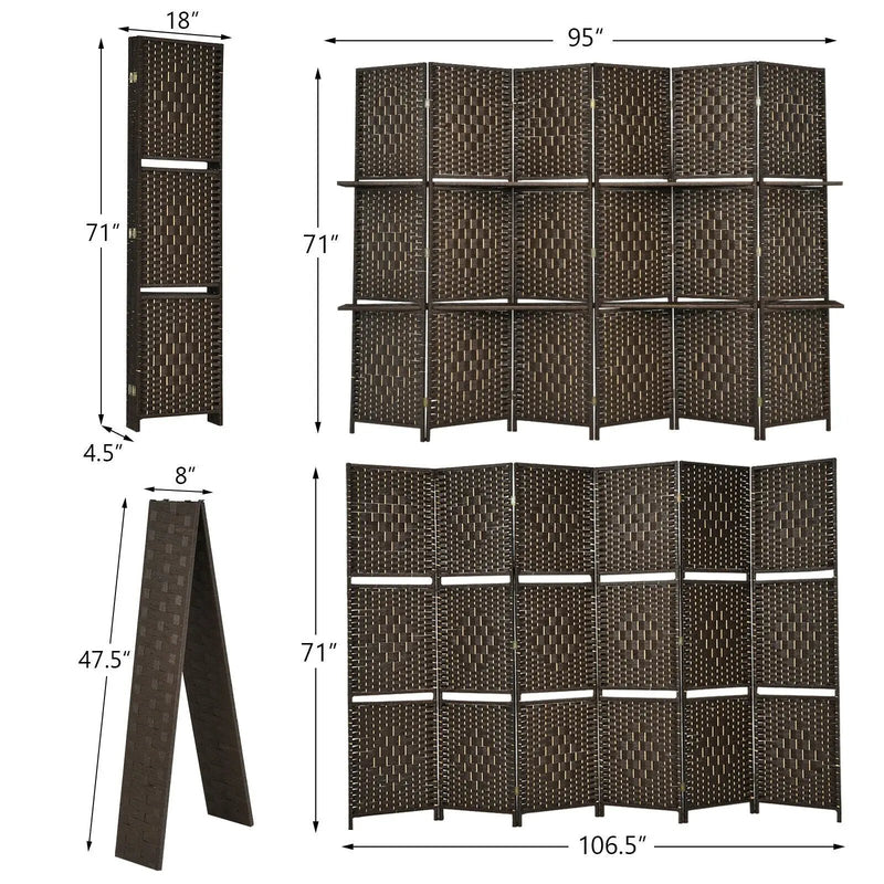 6 Panel Folding Weave Fiber Room Divider with 2 Display Shelves by DirectDeals
