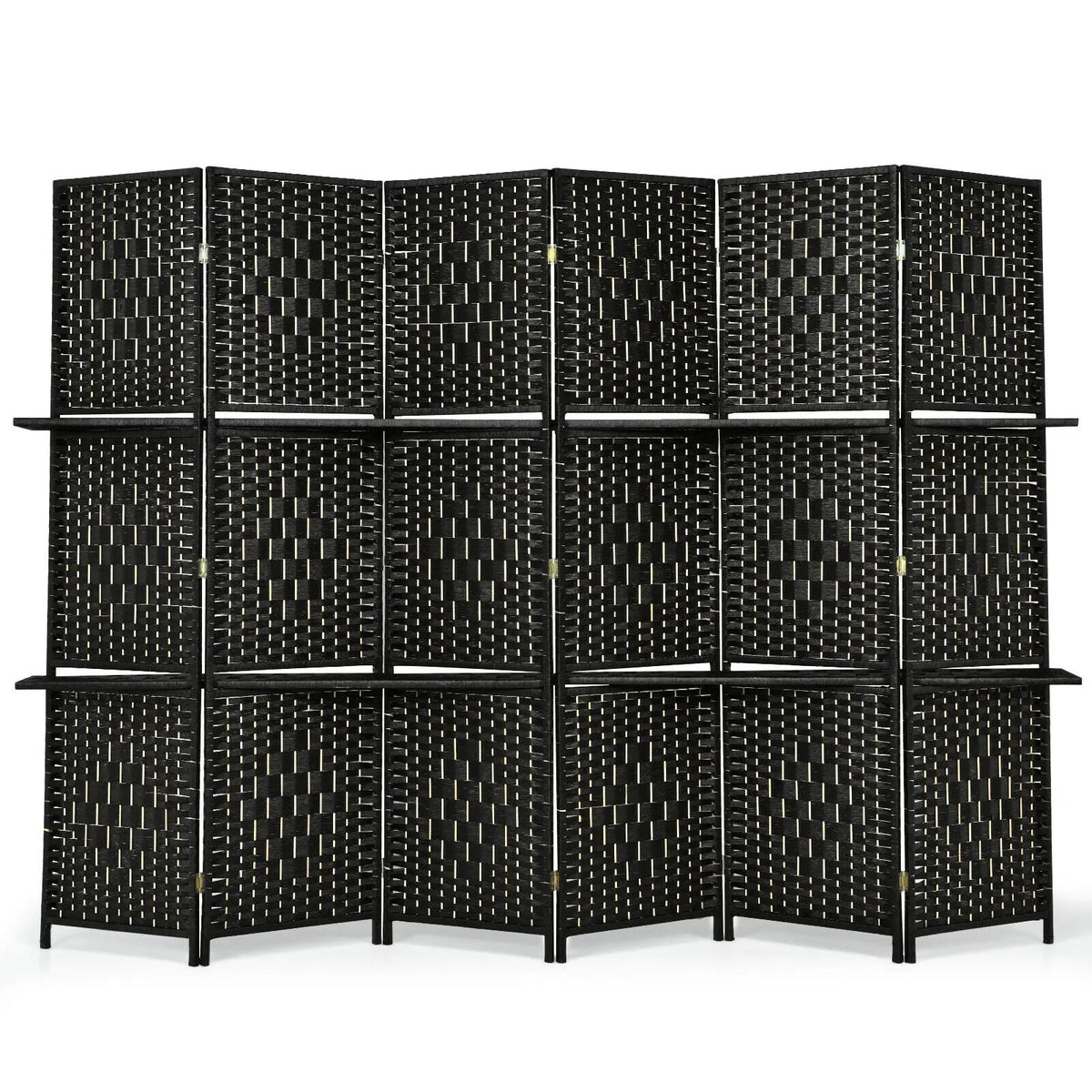 6 Panel Folding Weave Fiber Room Divider with 2 Display Shelves by DirectDeals