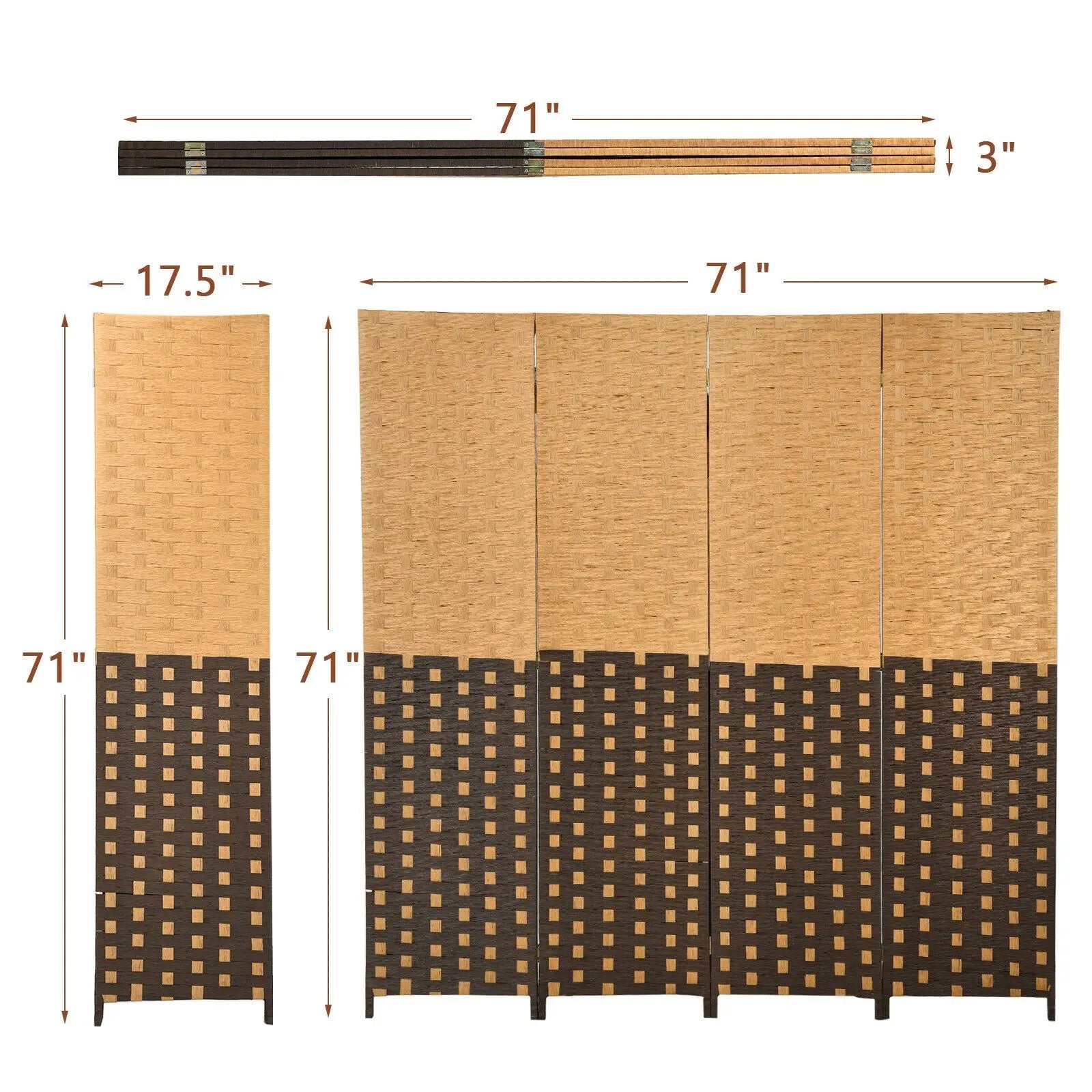4 Panel Portable Folding Hand-Woven Wall Divider Suitable for Home Office-Brown by DirectDeals