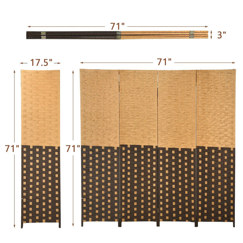 4 Panel Portable Folding Hand-Woven Wall Divider Suitable for Home Office-Brown by DirectDeals