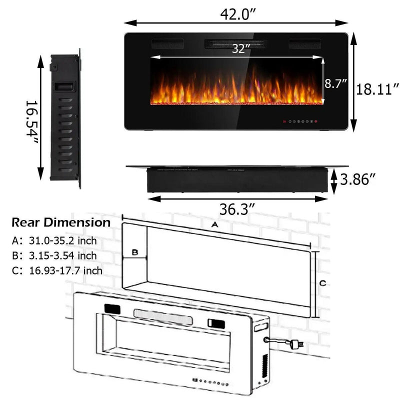 42 Inch Recessed Ultra Thin Electric Fireplace with Timer by DirectDeals