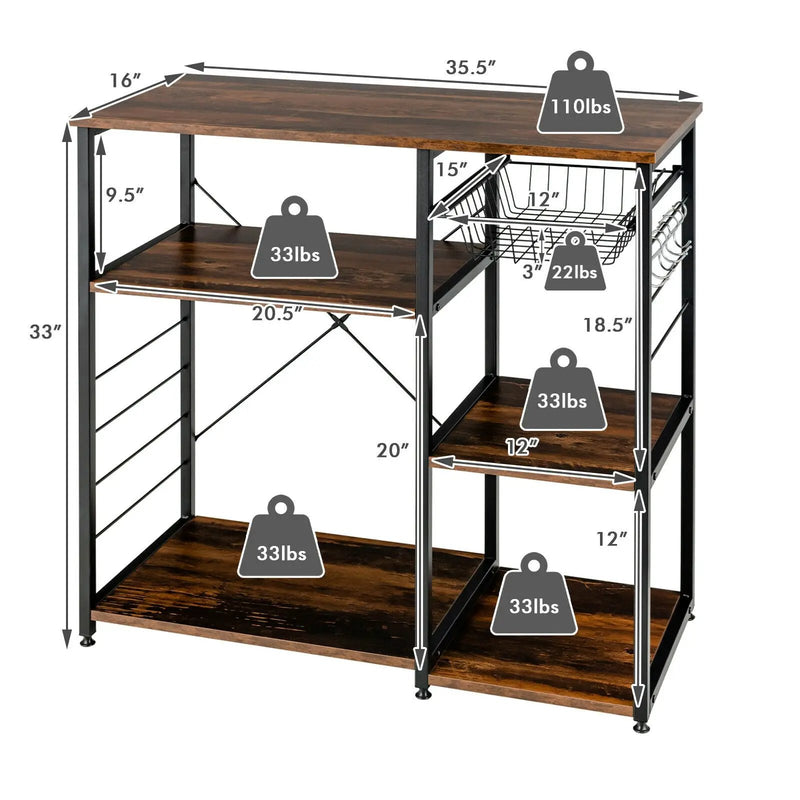 Industrial Kitchen Baker's Rack Microwave Shelf with 6 Hooks by DirectDeals