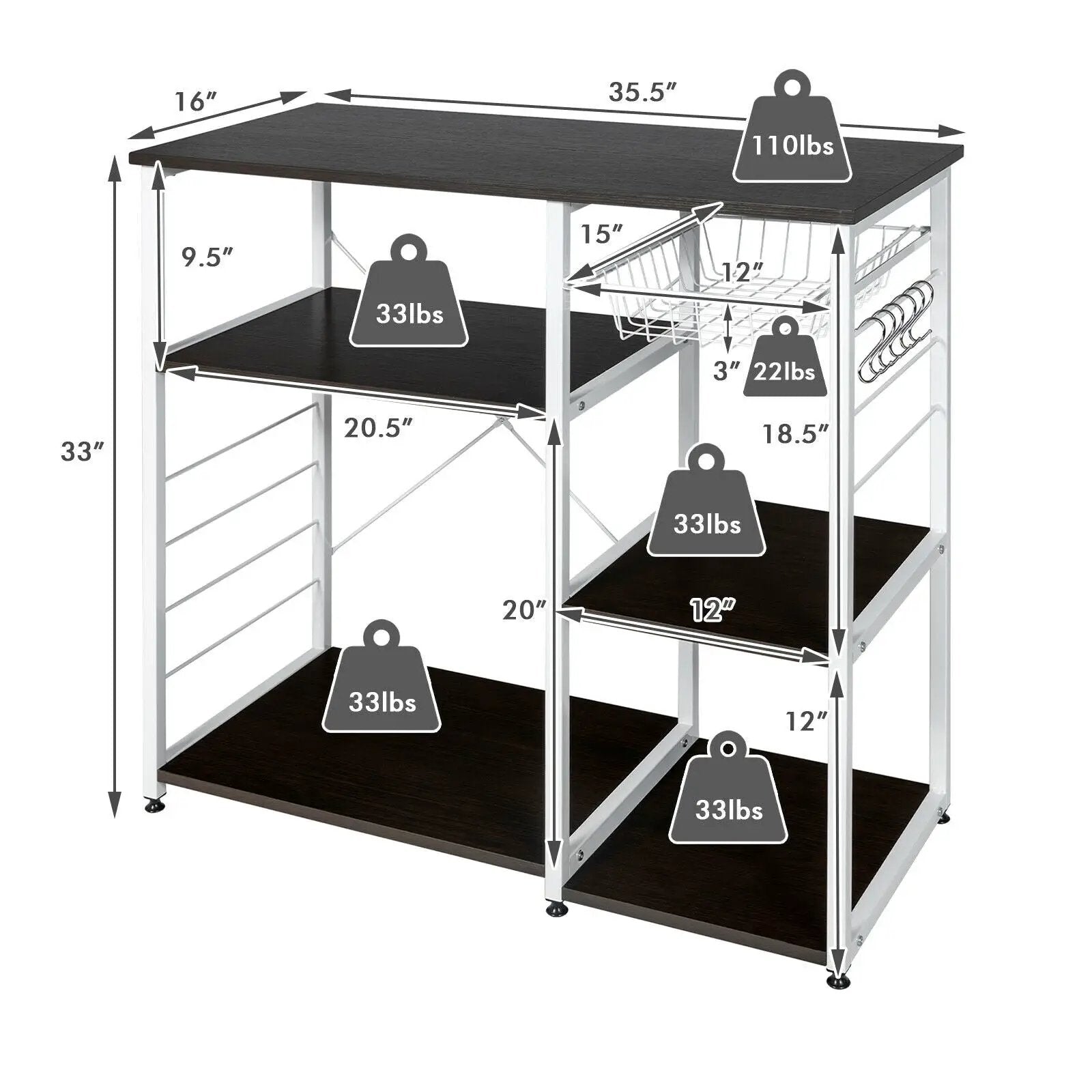 Industrial Kitchen Baker's Rack Microwave Shelf with 6 Hooks by DirectDeals