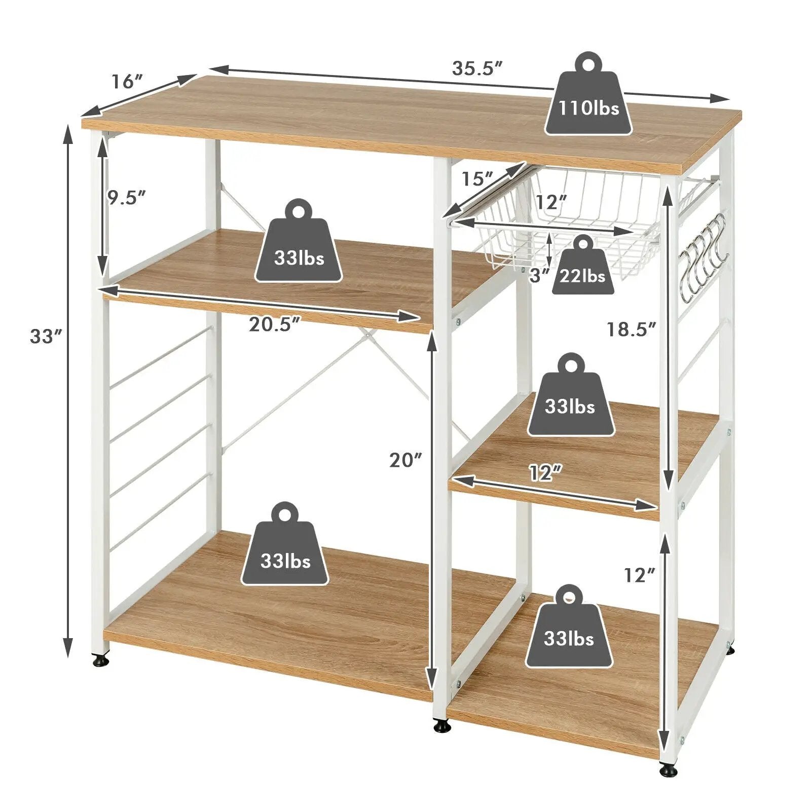 Industrial Kitchen Baker's Rack Microwave Shelf with 6 Hooks by DirectDeals