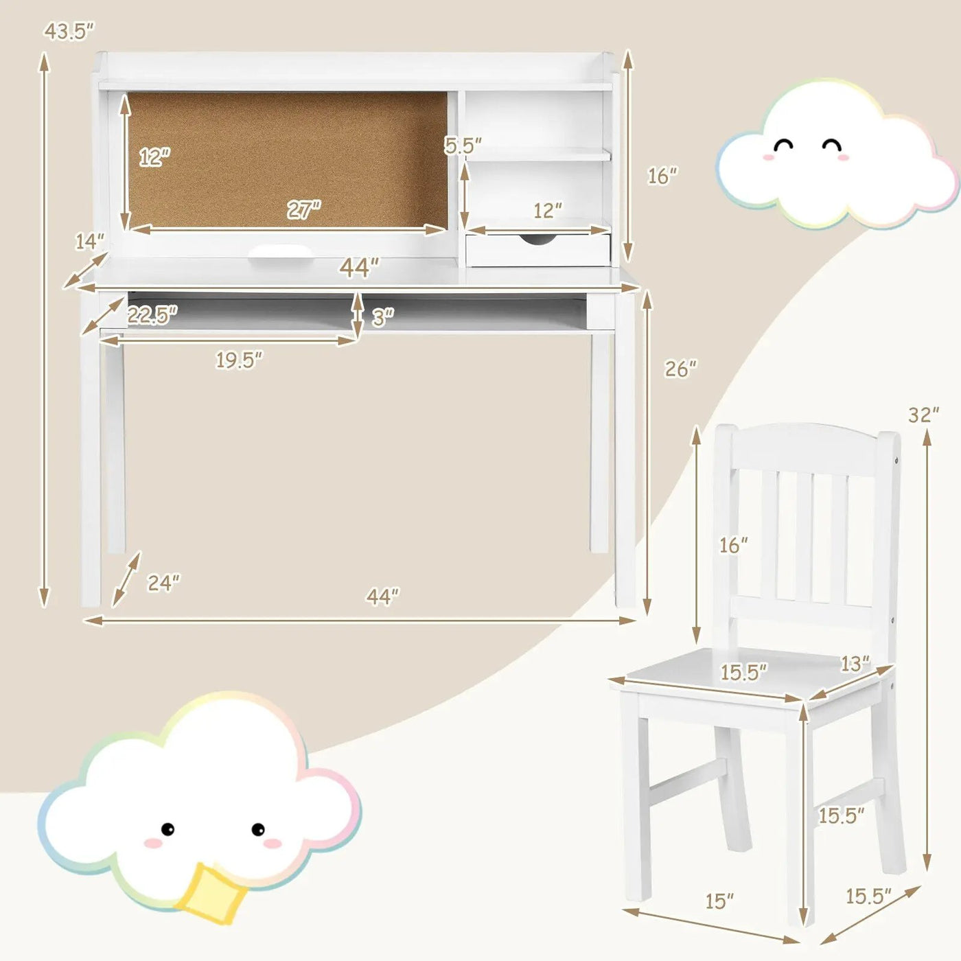Kids Desk and Chair Set Study Writing Desk with Hutch and Bookshelves by DirectDeals