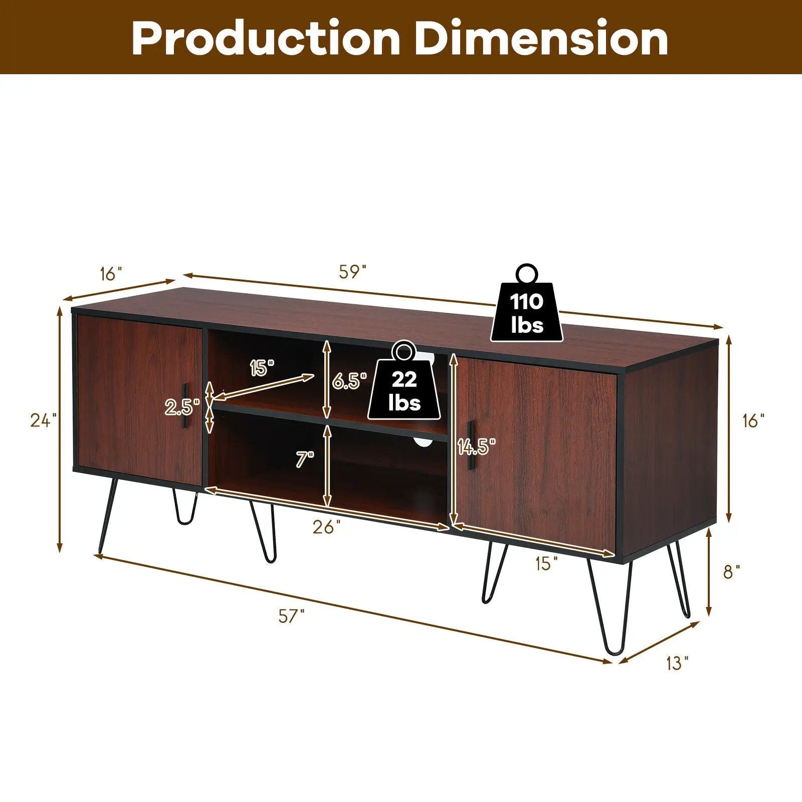 Retro Modern TV Stand with 6 Metal Legs for TVs up to 65 Inch with 2 Cable Holes by DirectDeals