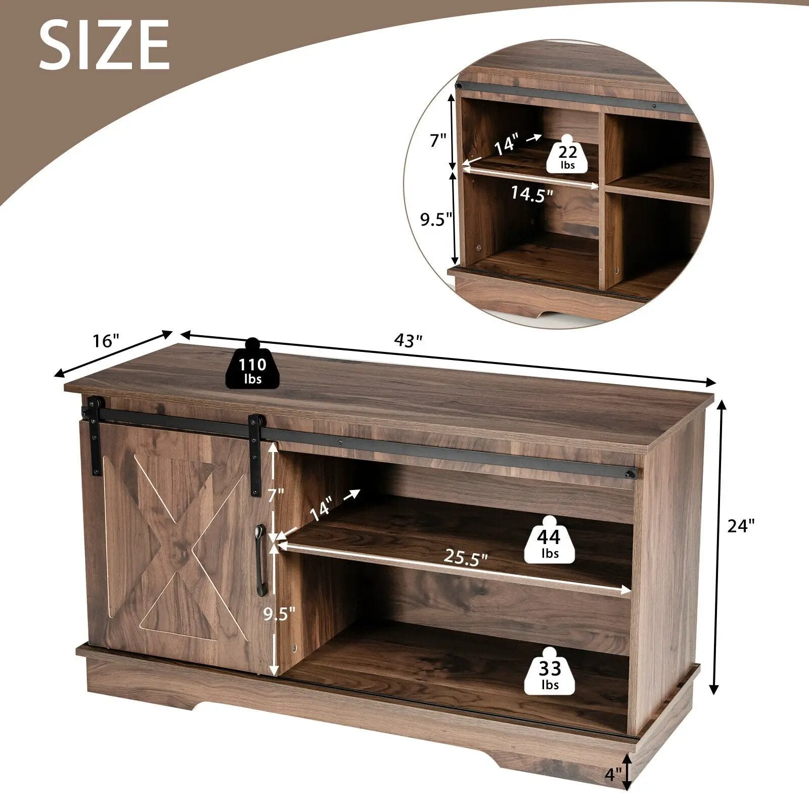 Sliding Barn Door TV Stand with Adjustable Shelf Cabinet-Dark Walnut by DirectDeals