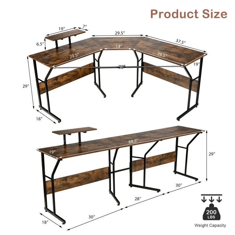 88.5 Inch L Shaped Reversible Computer Desk Table with Monitor Stand by DirectDeals