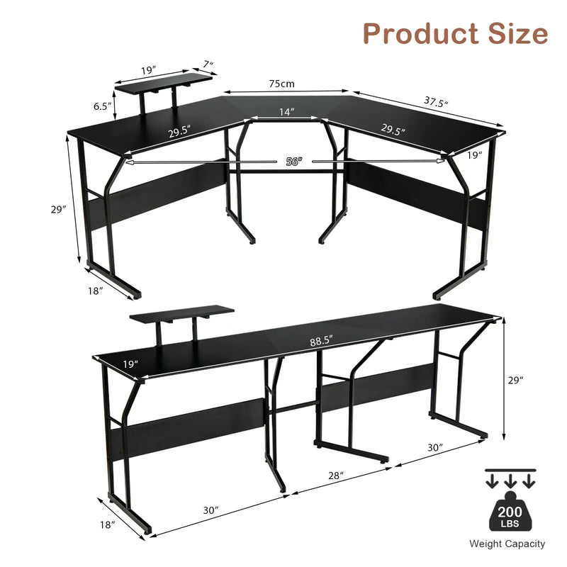 88.5 Inch L Shaped Reversible Computer Desk Table with Monitor Stand by DirectDeals