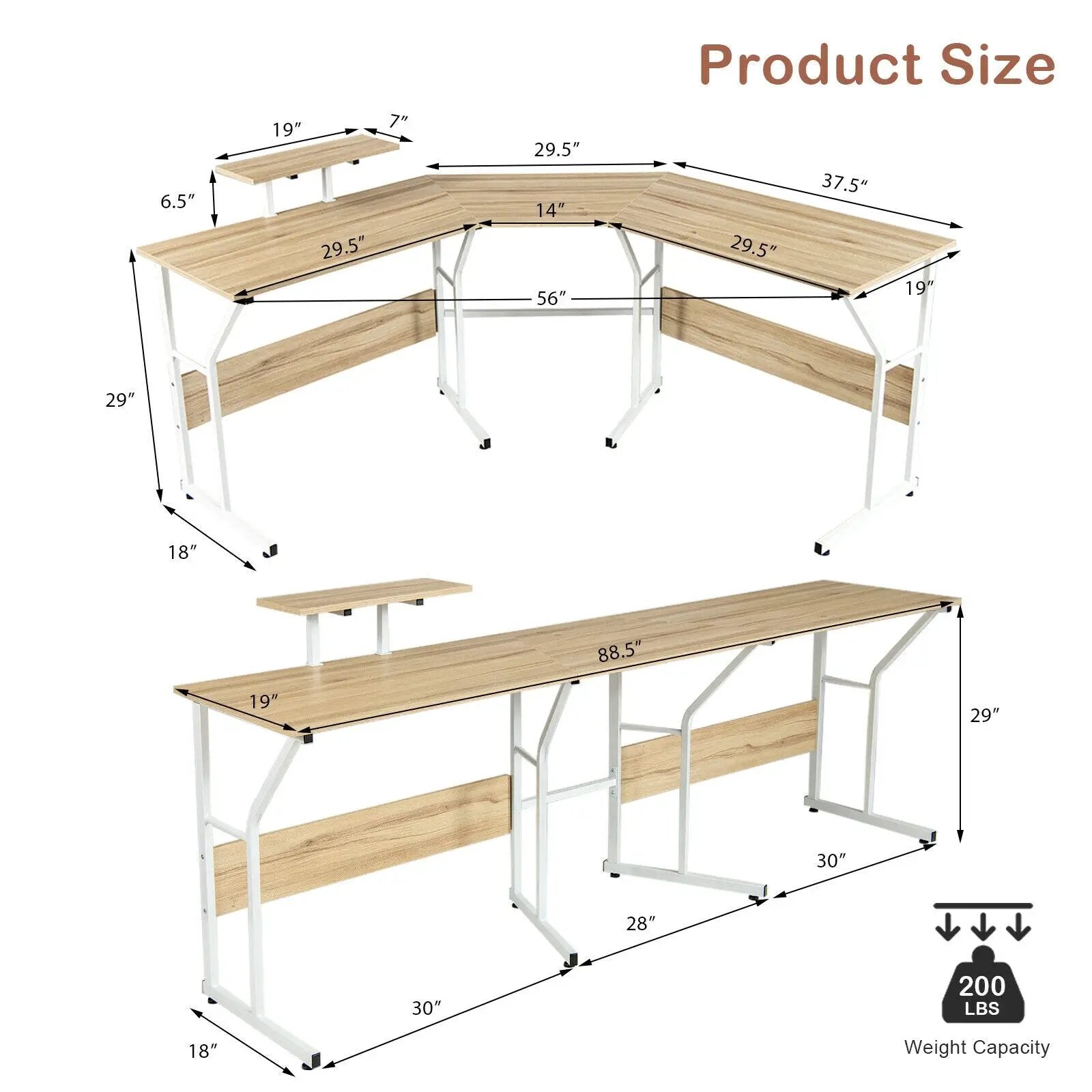 88.5 Inch L Shaped Reversible Computer Desk Table with Monitor Stand by DirectDeals