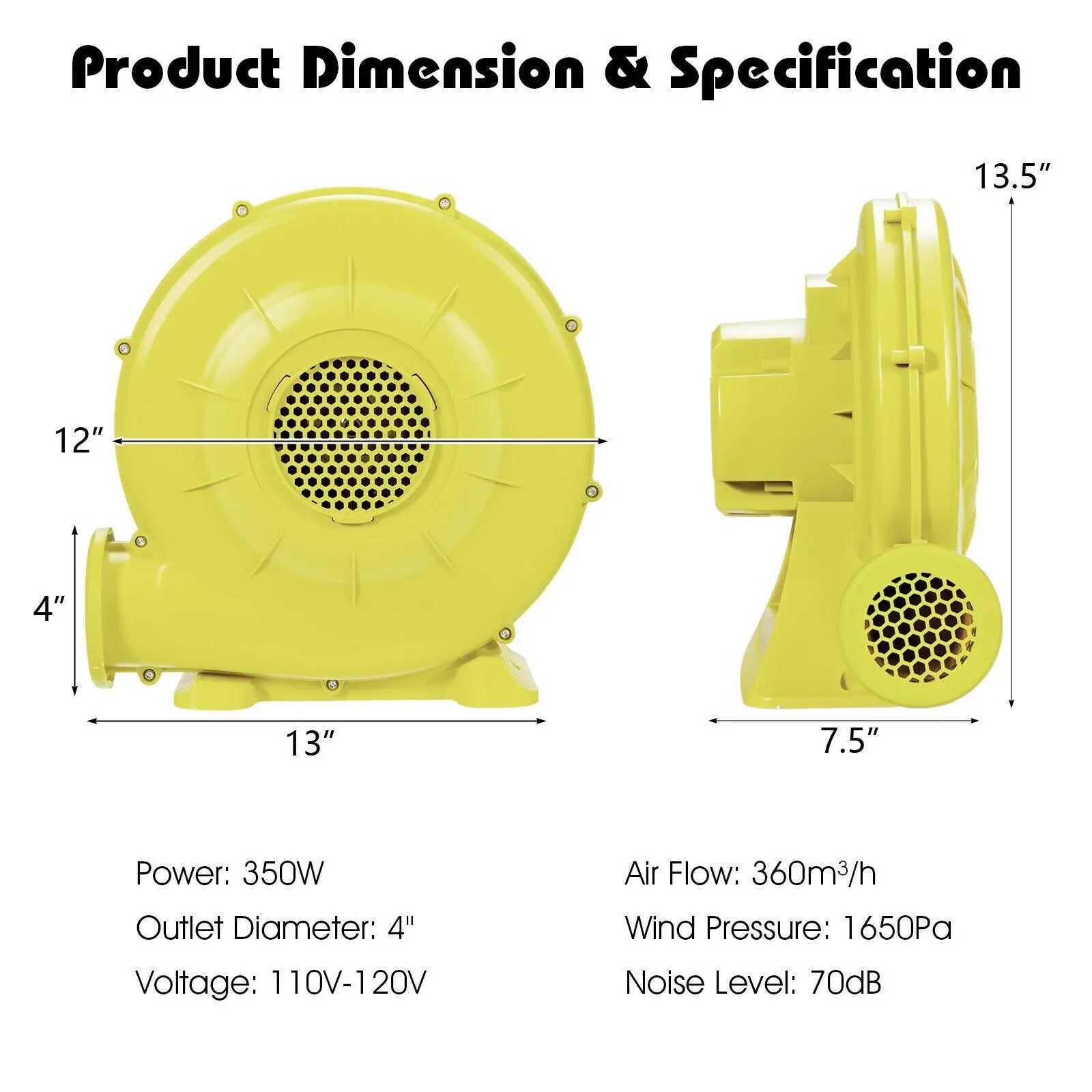 350 Watt 0.5 HP Air Blower Pump Fan for Inflatable Bounce House and Bouncy Castle-Yellow by DirectDeals
