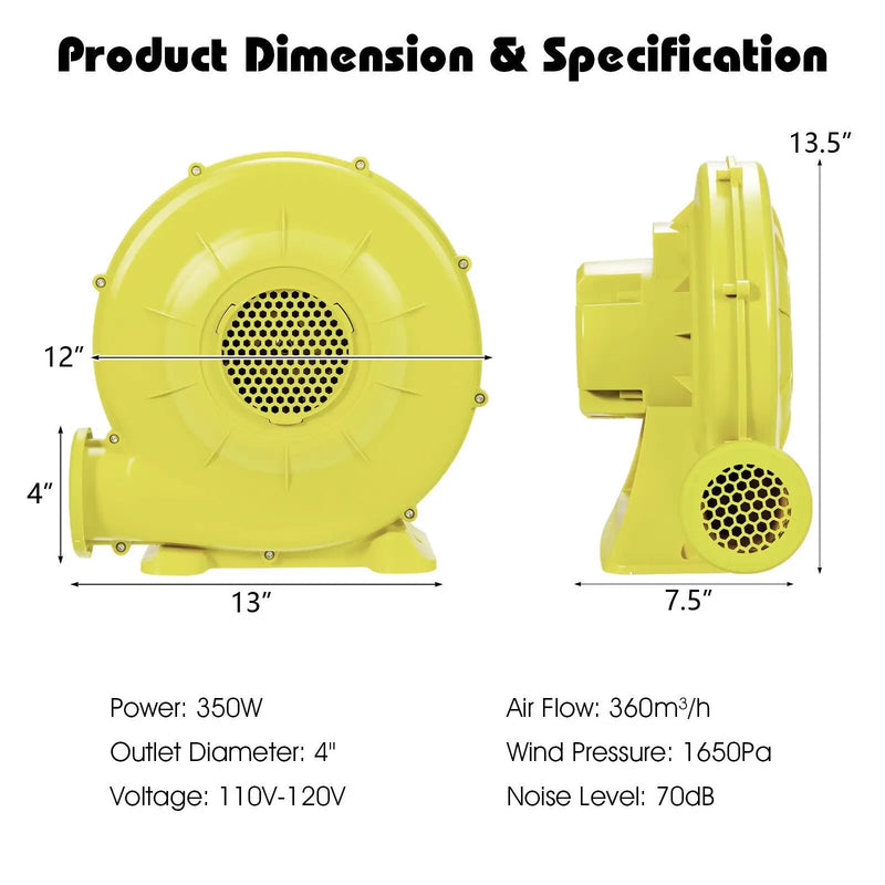 350 Watt 0.5 HP Air Blower Pump Fan for Inflatable Bounce House and Bouncy Castle-Yellow by DirectDeals